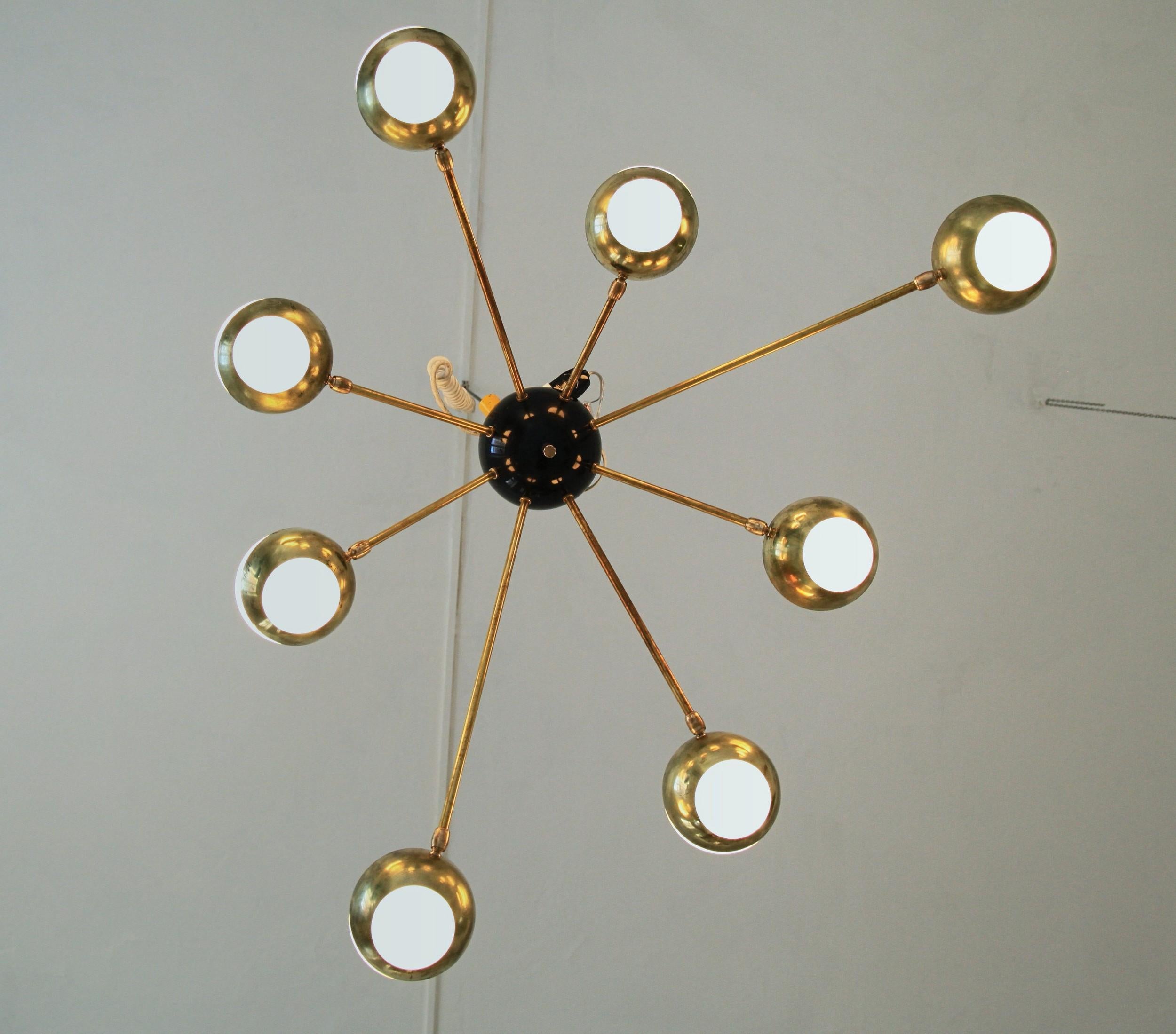 Italian Flush Mount Brass and Glass Chandelier 8 Arms, Stilnovo Style, Low Ceiling Best For Sale