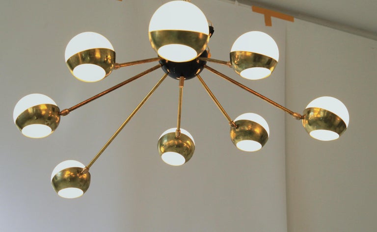 Flush Mount Brass and Glass Chandelier 8 Arms, Stilnovo Style, Low Ceiling Best For Sale 1