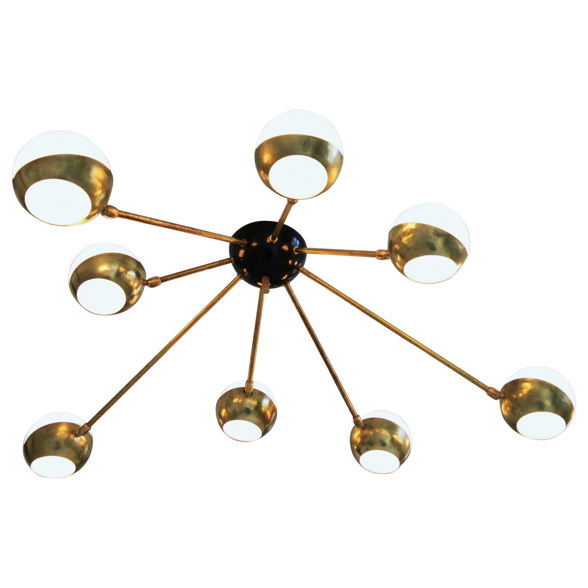 Flush Mount Brass and Glass Chandelier 8 Arms, Stilnovo Style, Low Ceiling Best