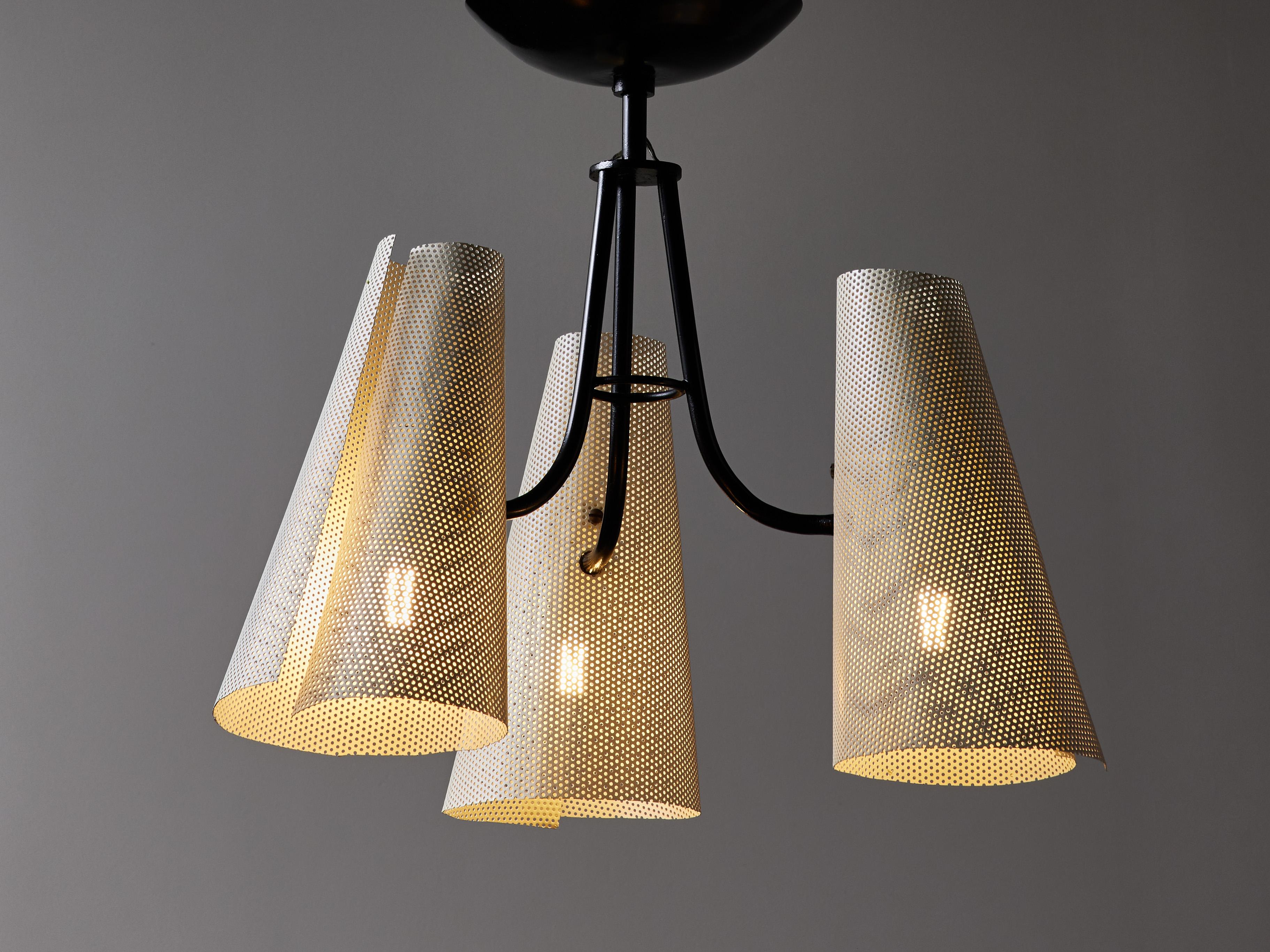 Lacquered metal flush mount by Boris-Jean Lacroix, made in 1955 by the editor Robert Caillat. It has three cones sconces in perforated and bent sheet metal, painted in a cream colour.