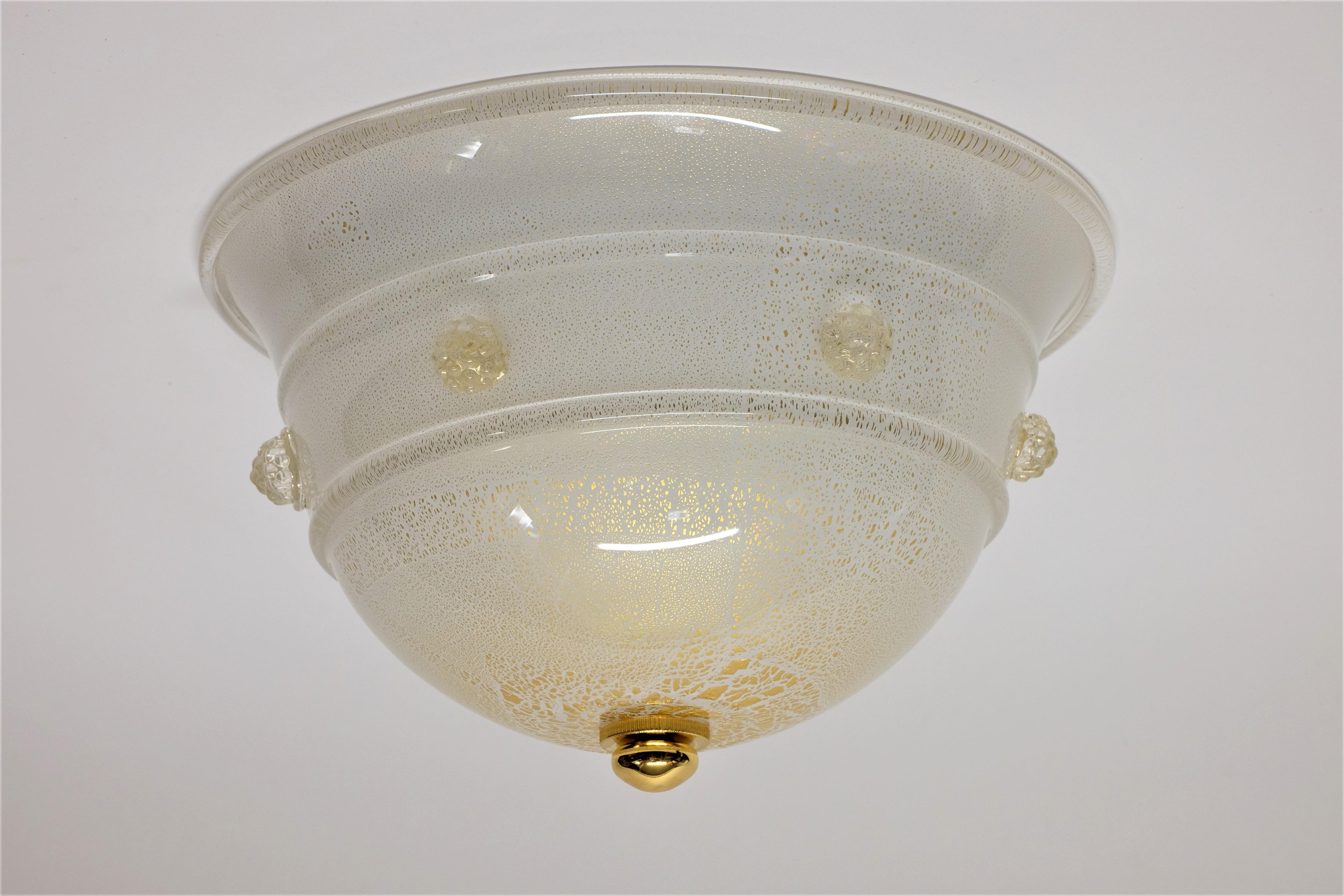 Brass Flush Mount Ceiling Light Barovier & Toso Glass Lamp  For Sale