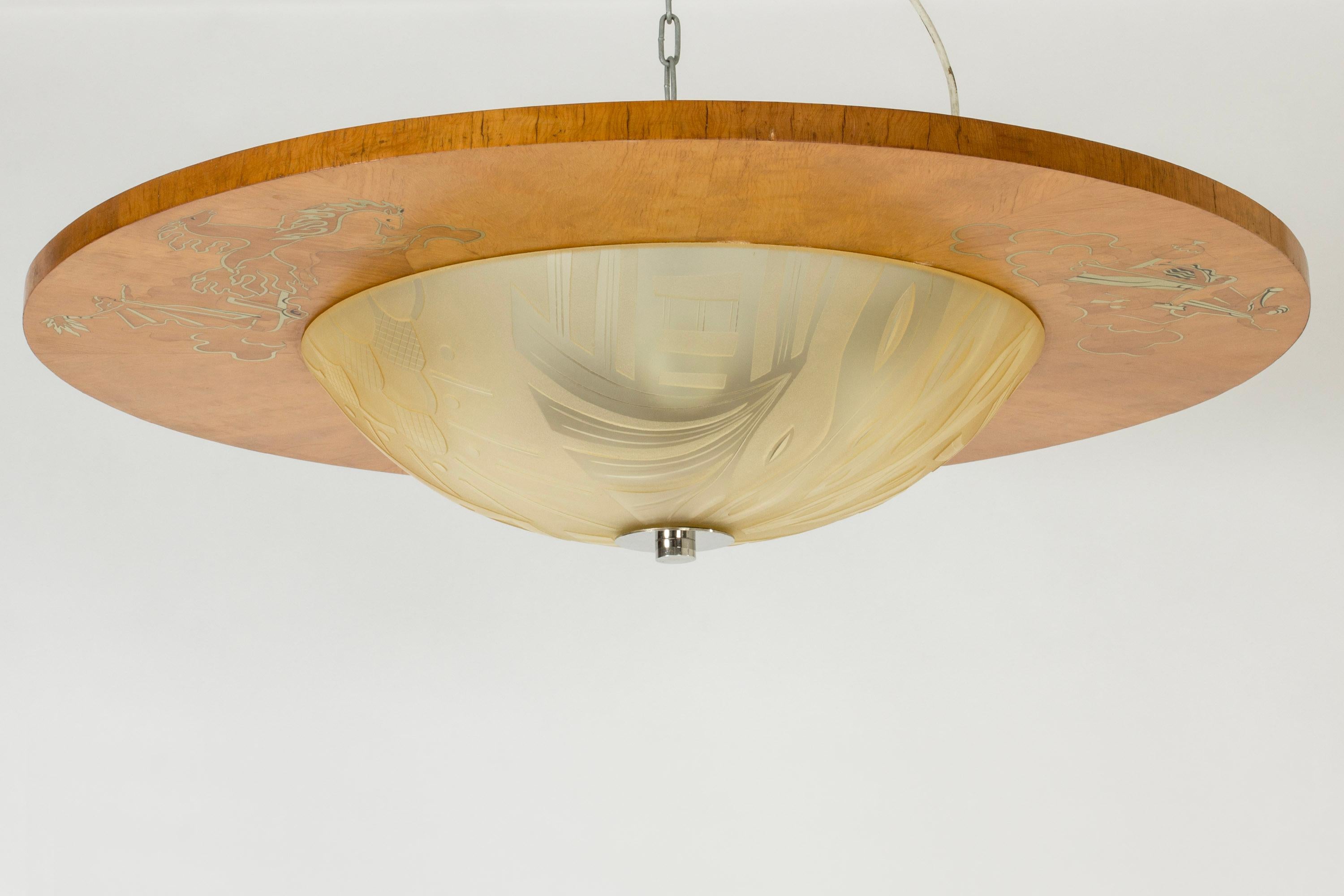 Scandinavian Modern Flush Mount Ceiling Light by Birger Ekman for Mjölby Intarsia, Sweden, 1930s For Sale