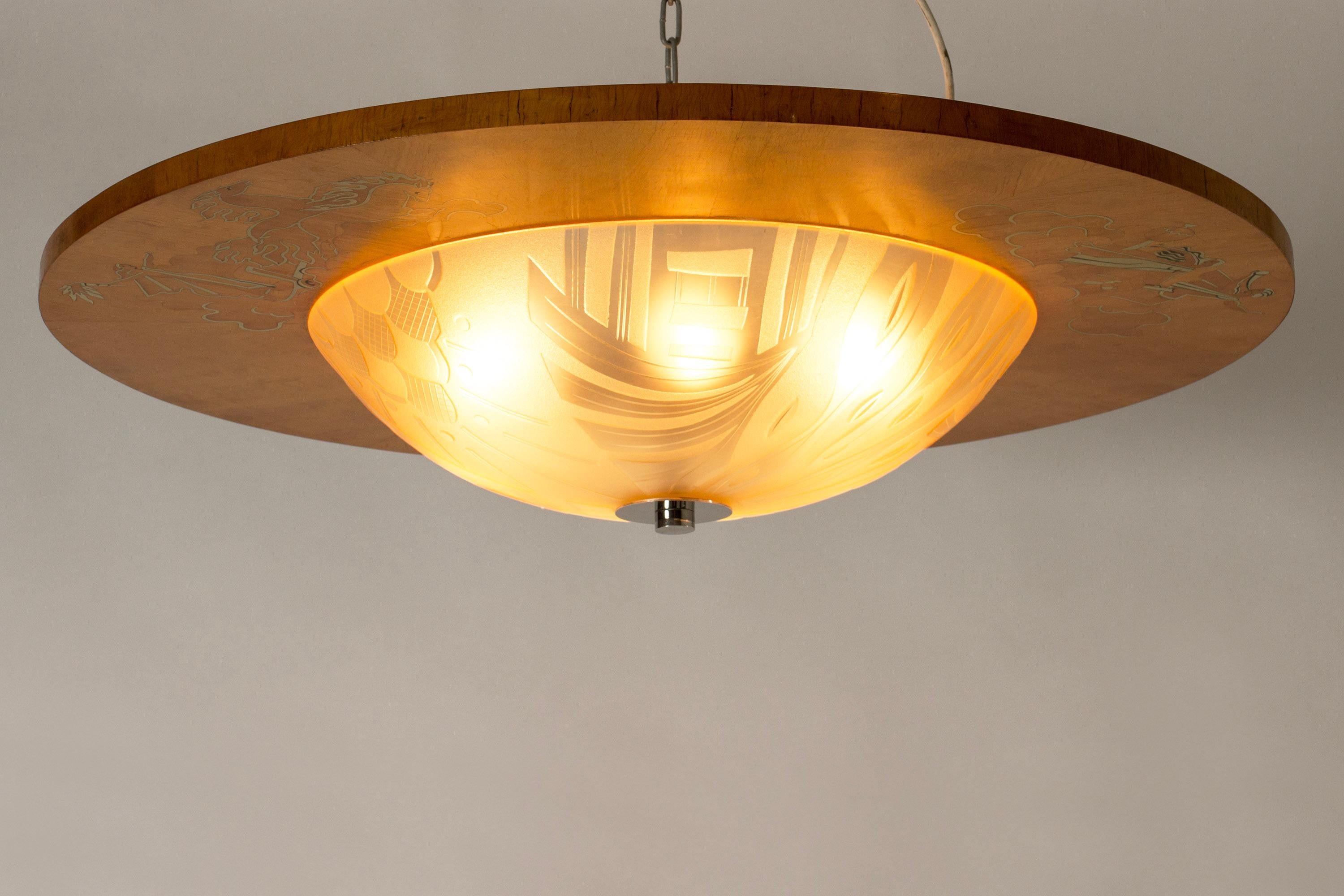 Mid-20th Century Flush Mount Ceiling Light by Birger Ekman for Mjölby Intarsia, Sweden, 1930s For Sale