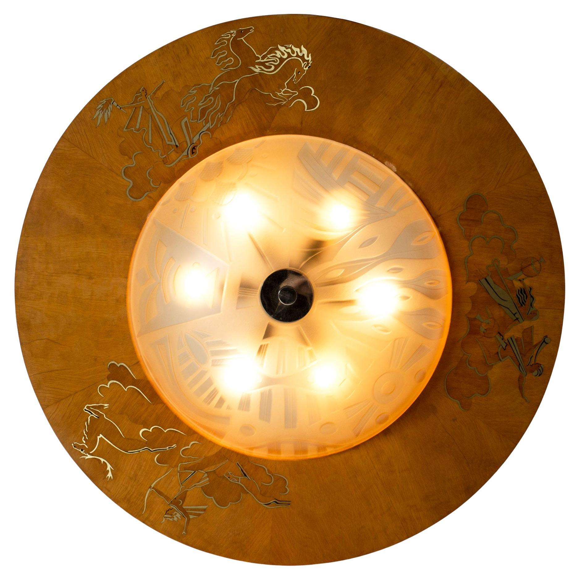 Flush Mount Ceiling Light by Birger Ekman for Mjölby Intarsia, Sweden, 1930s For Sale