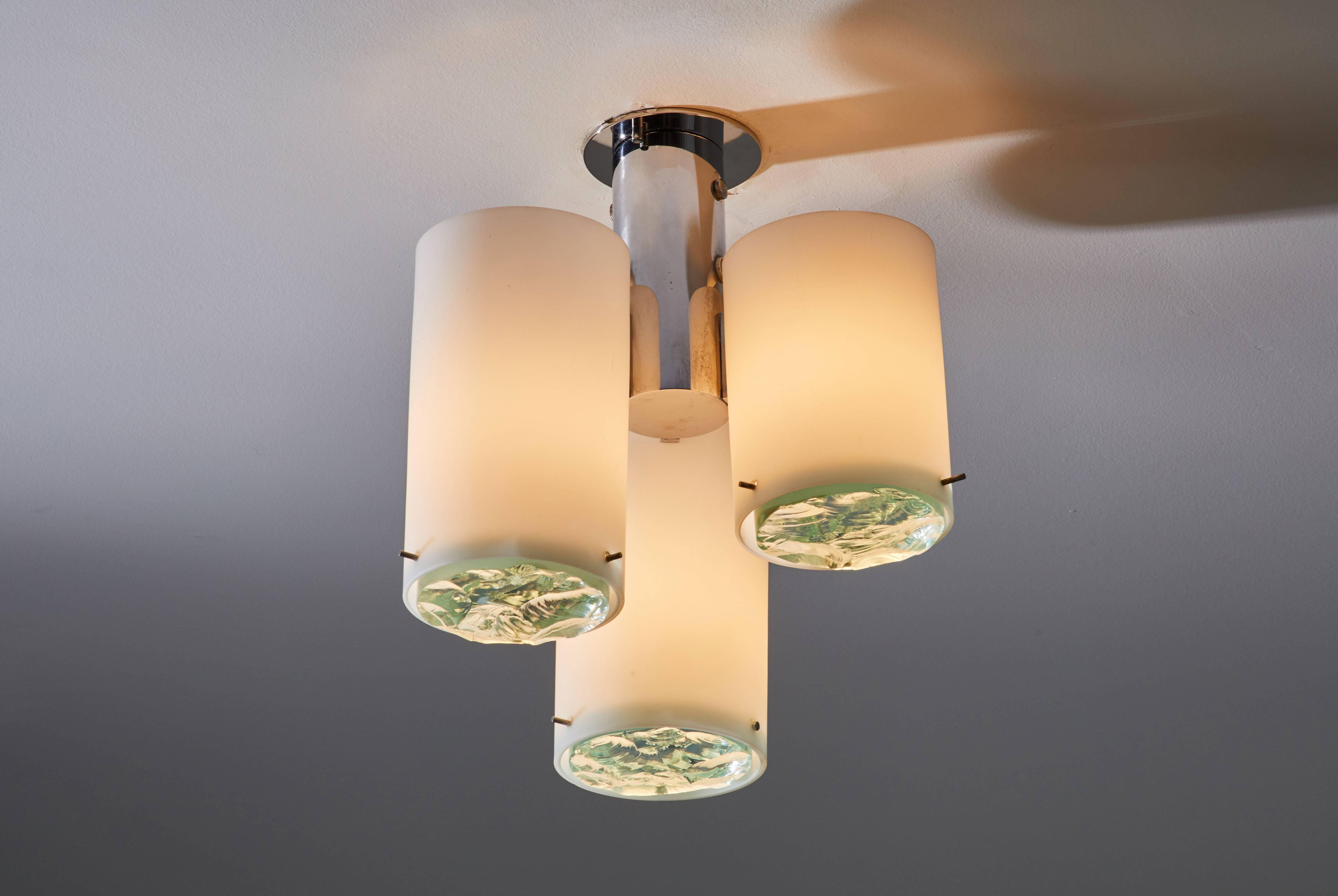 Flush mount ceiling light attributed to Max Ingrand for Fontana Arte. Designed and manufactured in Italy, circa 1960s. Three shades, chrome, brushed satin glass, and faceted crystal diffusers. Wired for US junction boxes. Each light takes one E14