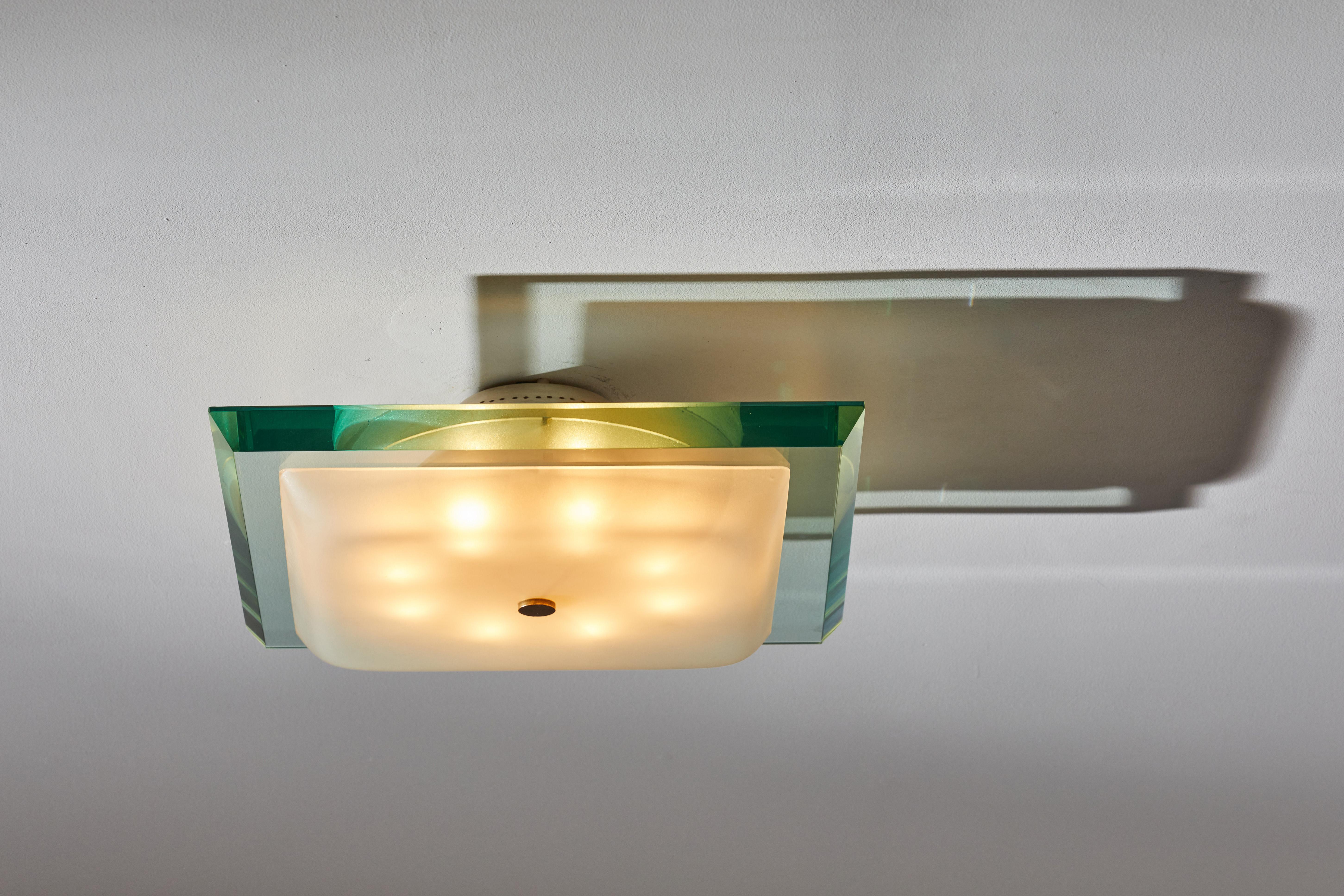 Model 1990 Flush Mount Ceiling Light by Max Ingrand for Fontana Arte. Designed and manufactured in Italy, circa 1960s. Glass, enameled metal, brass finial. Rewired for U.S. junction boxes. Takes eight E27 25w maximum bulbs. Bulbs provided as a one