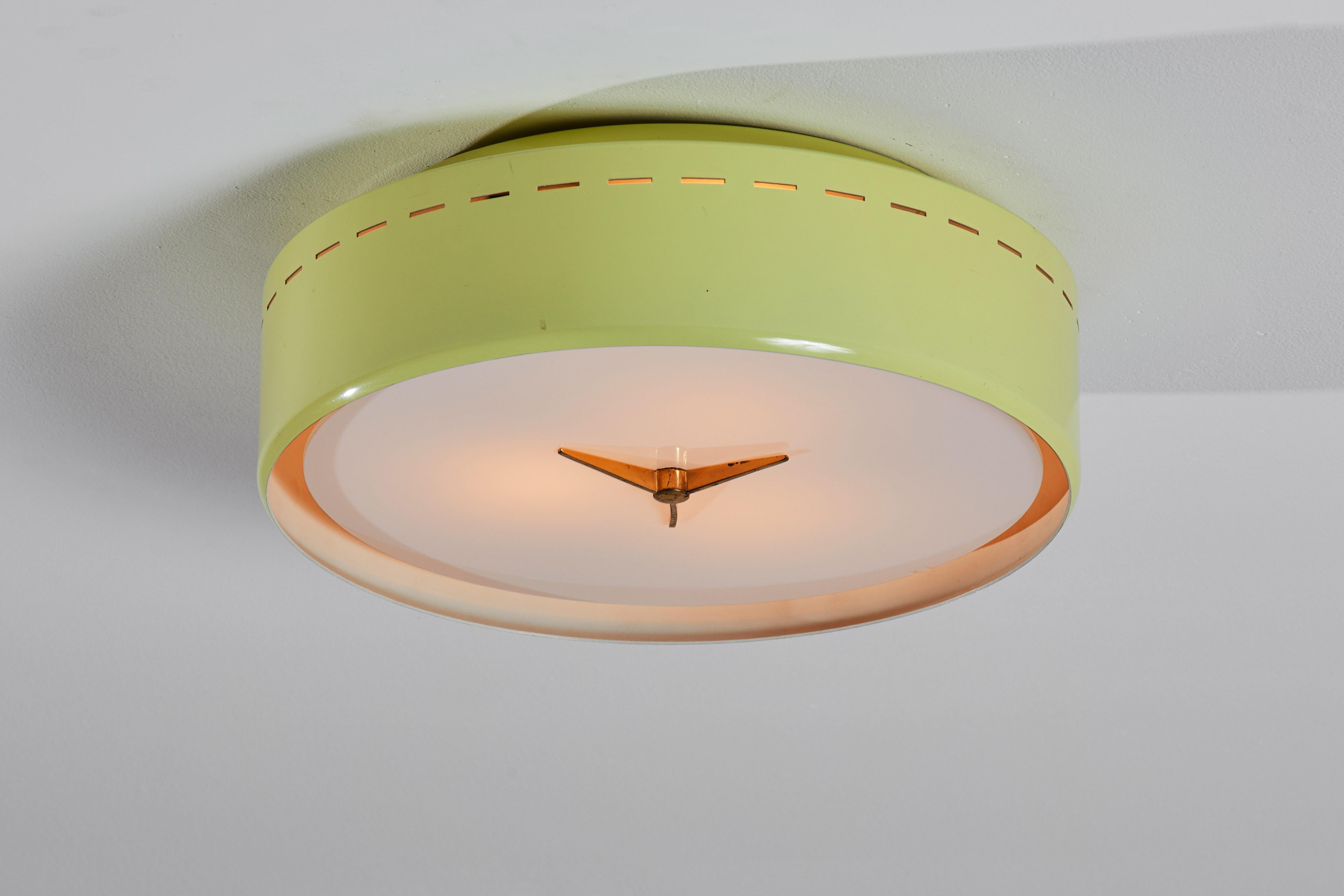 Flush mount ceiling light by Stilnovo. Manufactured in Italy, circa 1960s. Lacquered aluminum, brass and opaline glass. Retains original manufacturer's label. Takes three E27 60w maximum Edison bulbs. Bulbs provided as a one time courtesy.