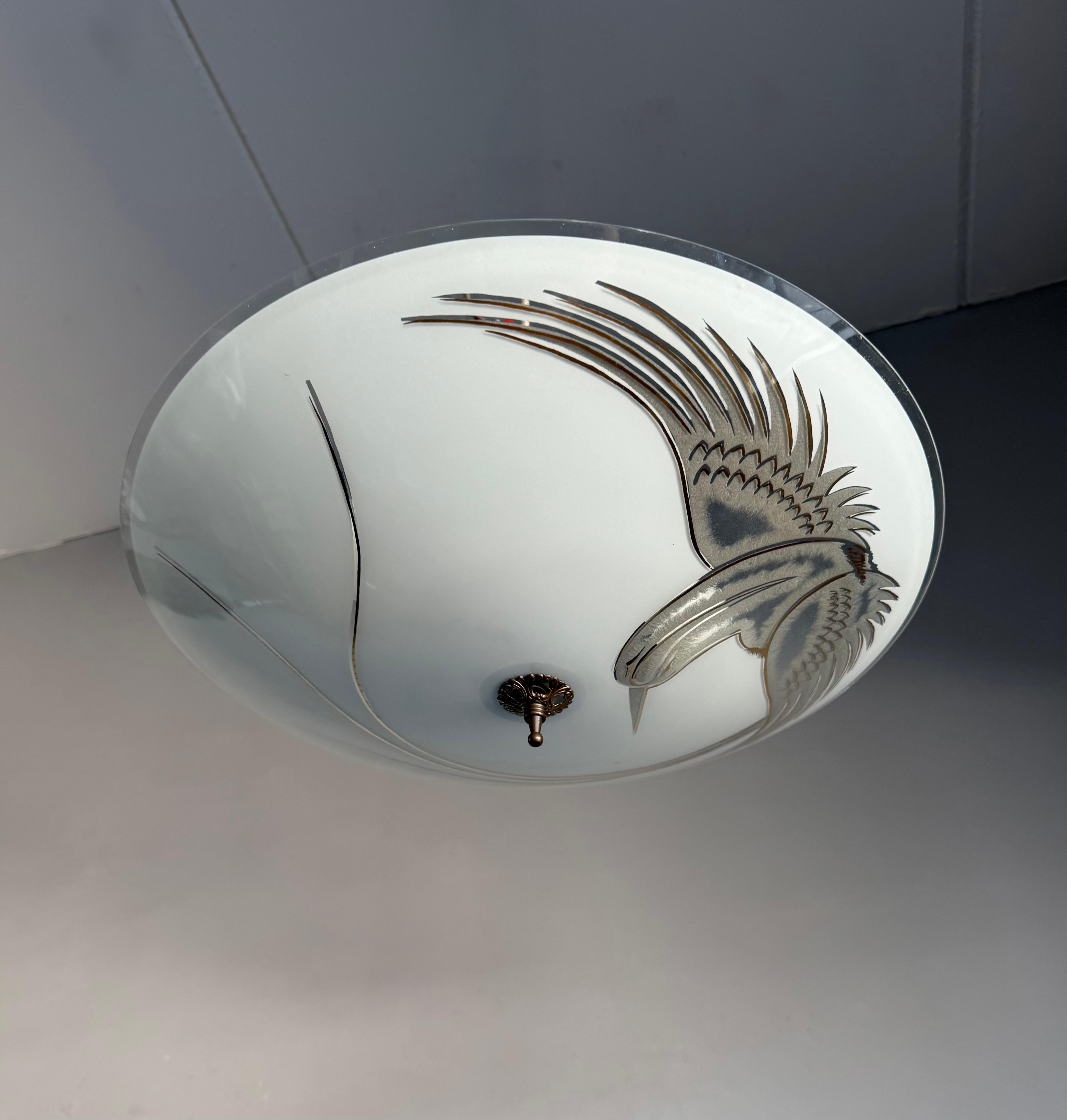 Flush Mount Ceiling Light, Frosted Glass w. Paradise Bird Motif & Brass Hardware For Sale 2