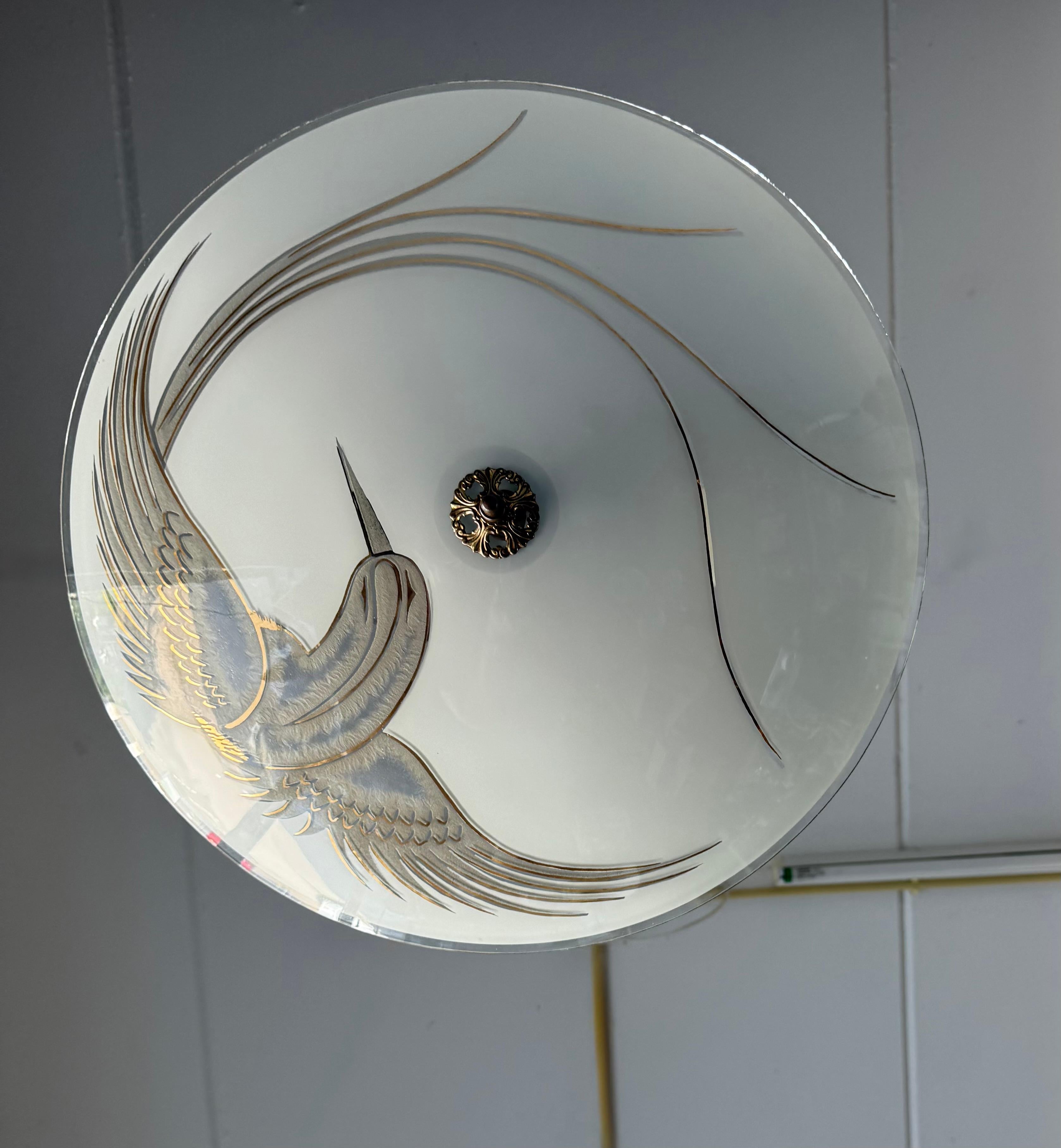 Flush Mount Ceiling Light, Frosted Glass w. Paradise Bird Motif & Brass Hardware For Sale 3