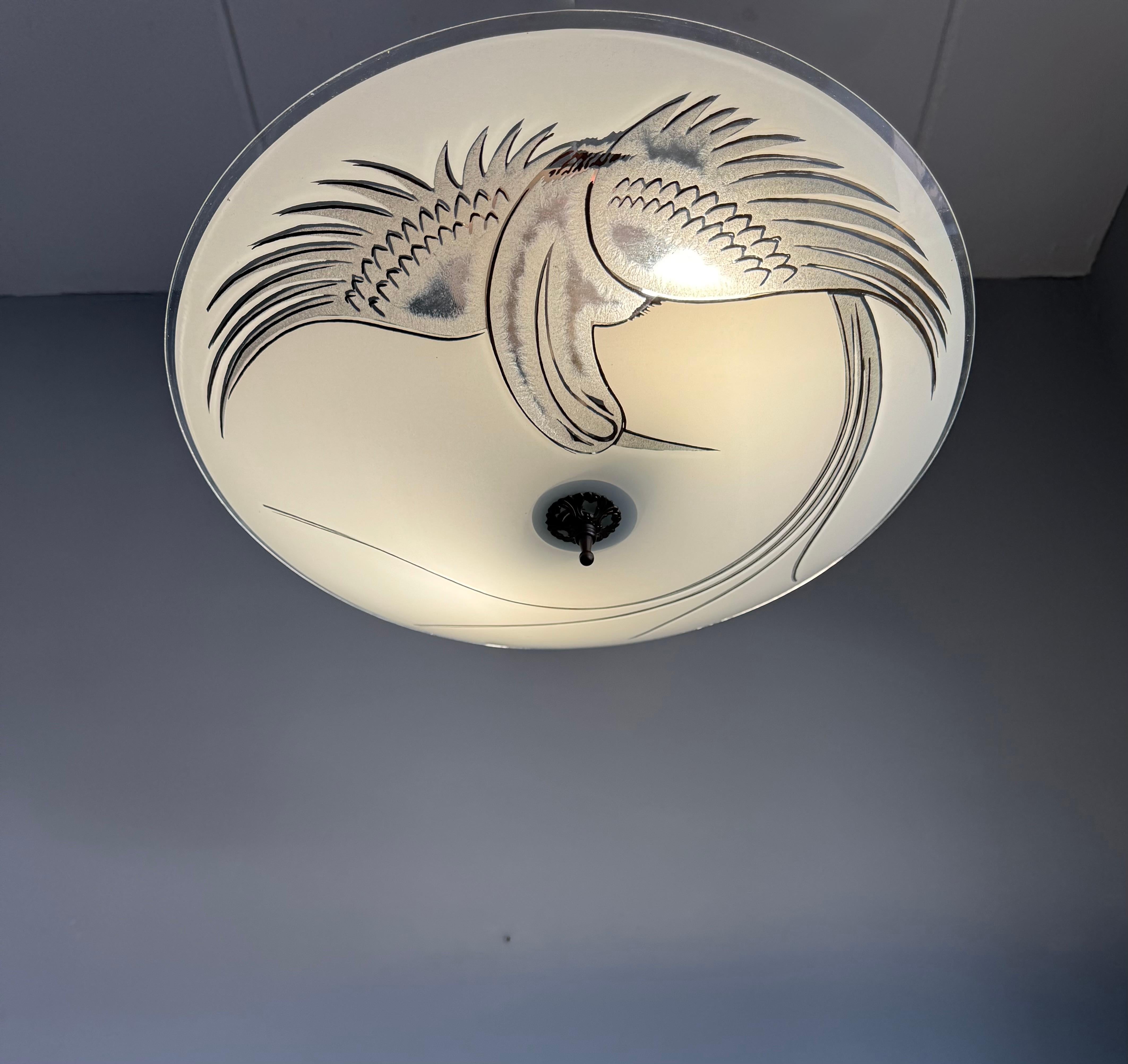 Flush Mount Ceiling Light, Frosted Glass w. Paradise Bird Motif & Brass Hardware For Sale 4