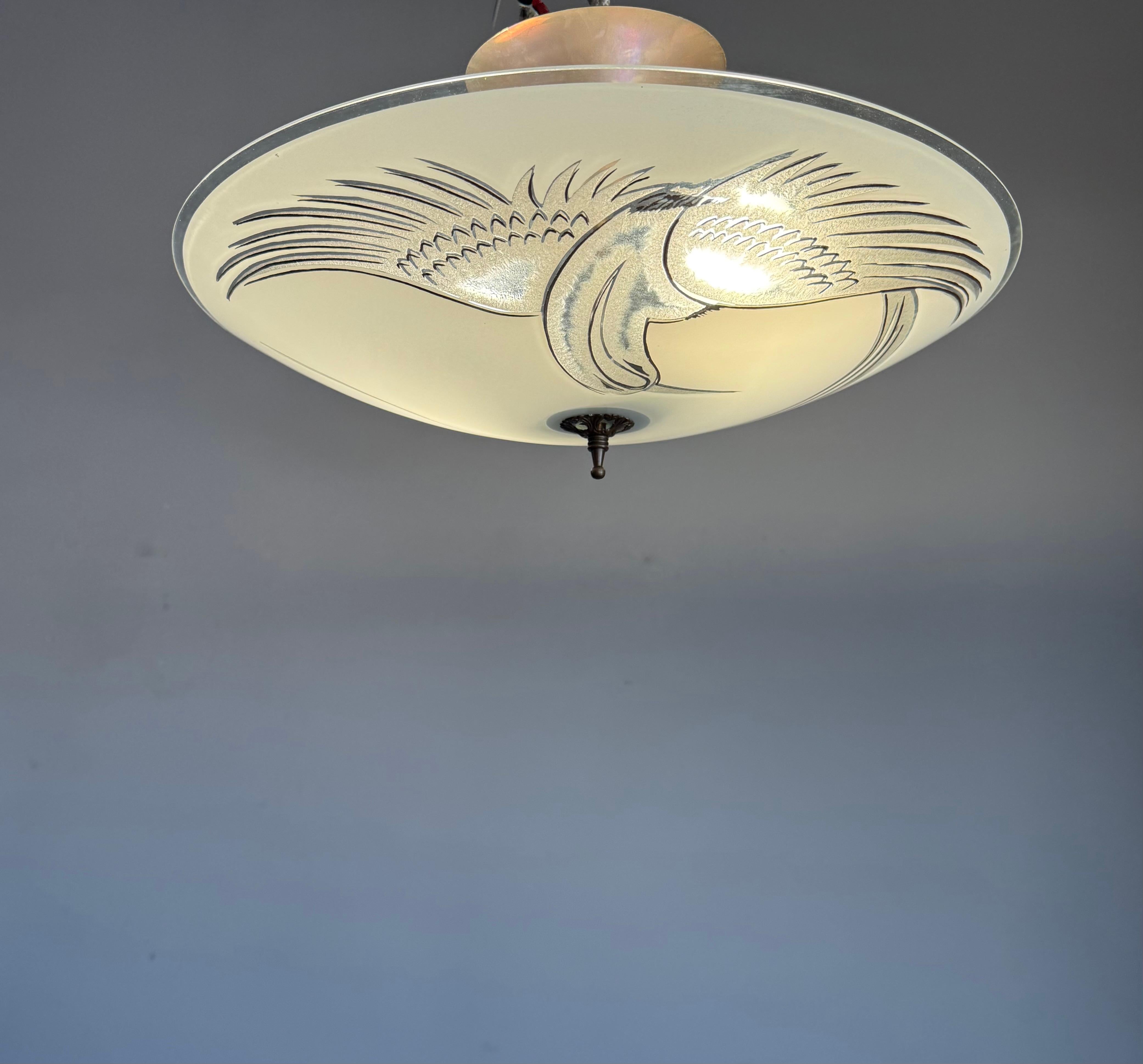 Flush Mount Ceiling Light, Frosted Glass w. Paradise Bird Motif & Brass Hardware For Sale 5
