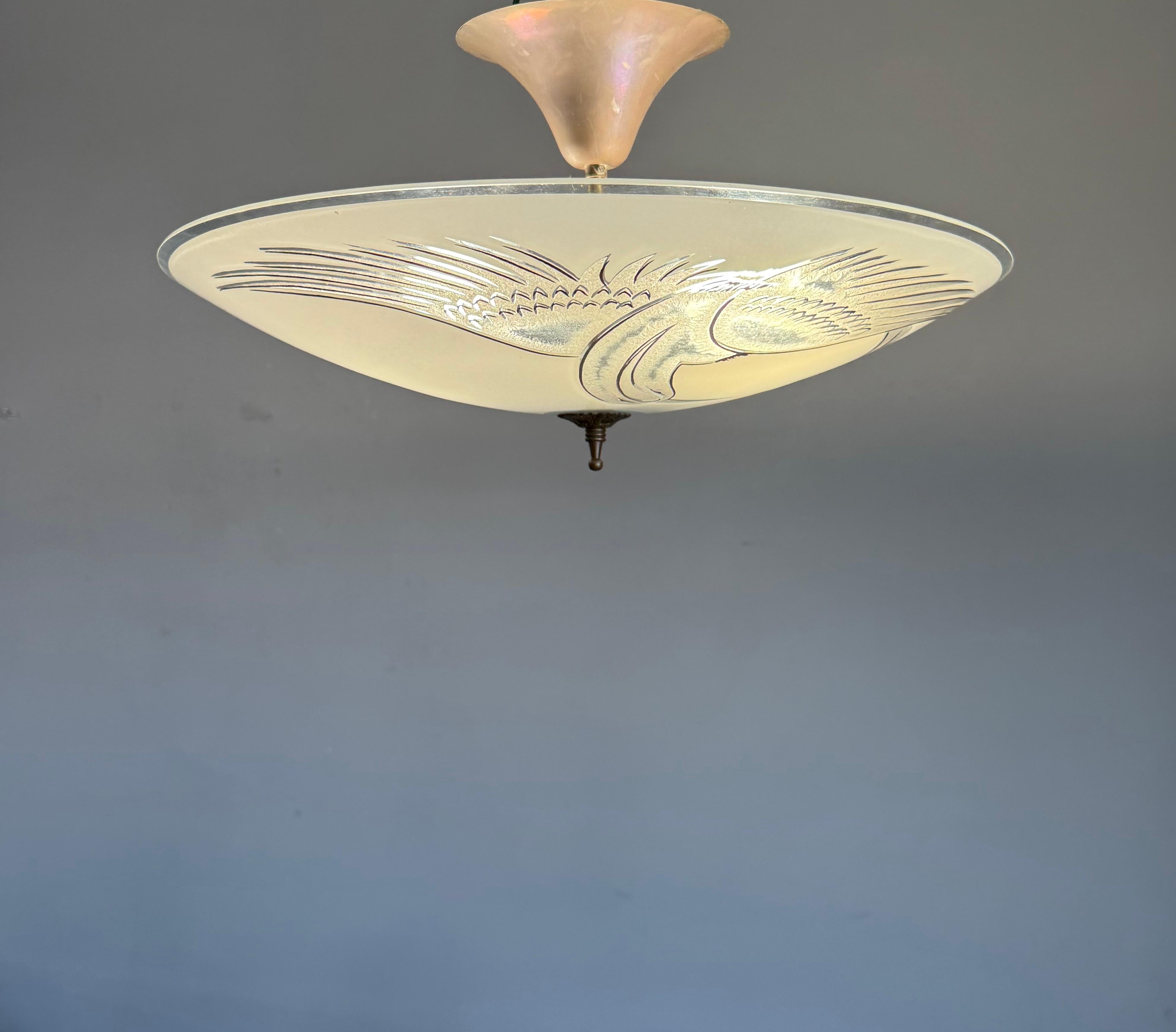 Flush Mount Ceiling Light, Frosted Glass w. Paradise Bird Motif & Brass Hardware For Sale 6