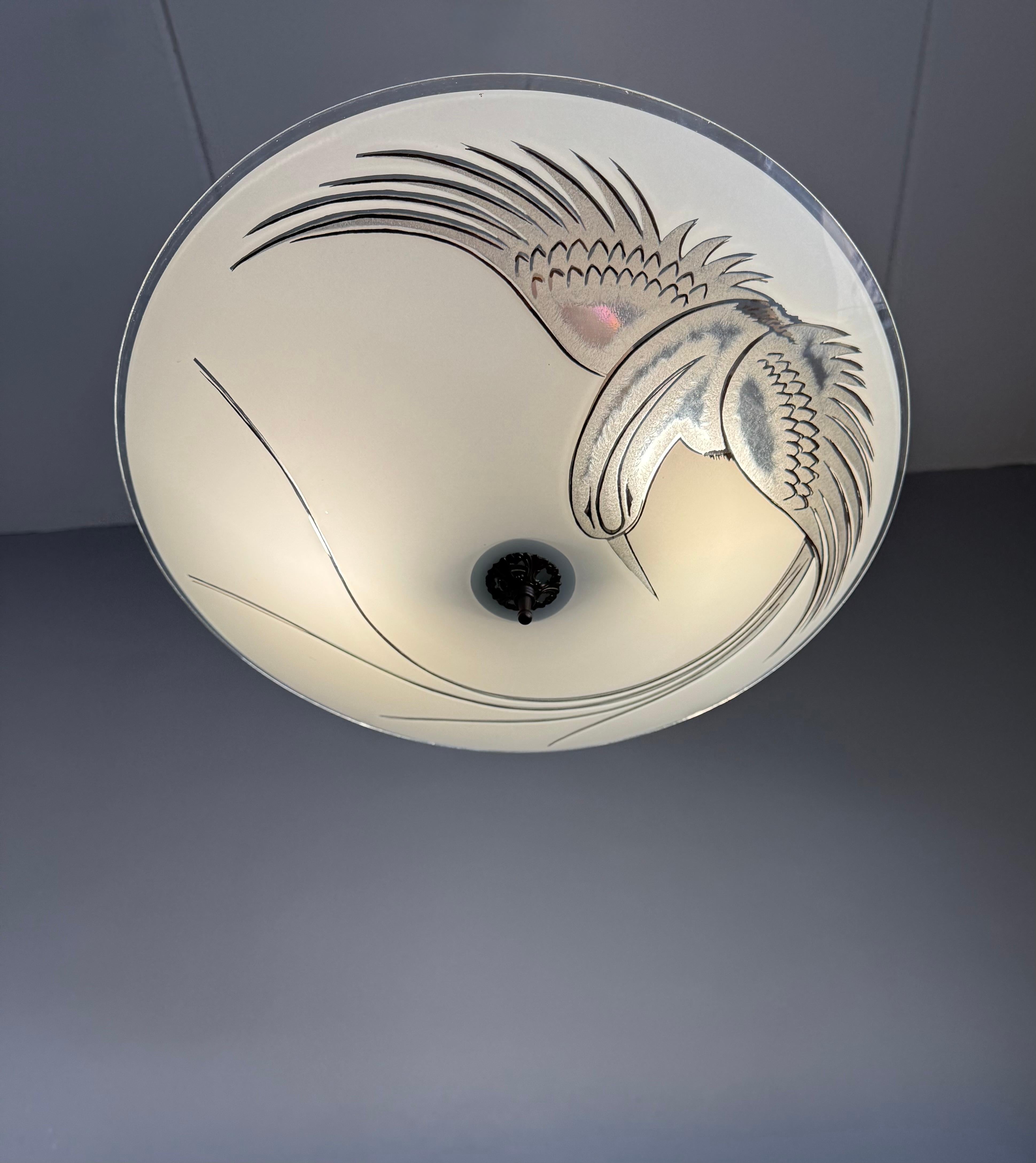 Flush Mount Ceiling Light, Frosted Glass w. Paradise Bird Motif & Brass Hardware For Sale 7