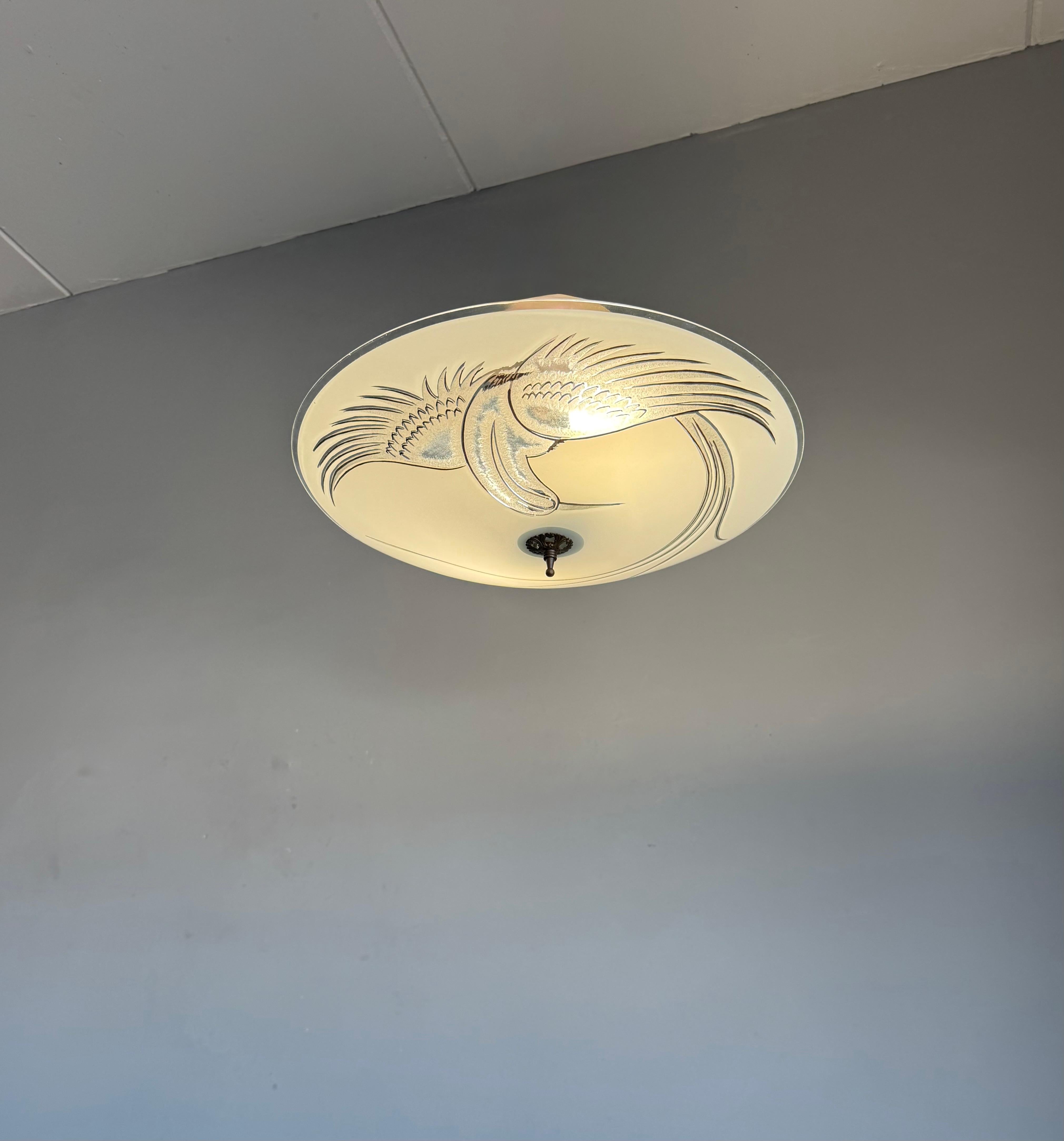 Flush Mount Ceiling Light, Frosted Glass w. Paradise Bird Motif & Brass Hardware For Sale 8