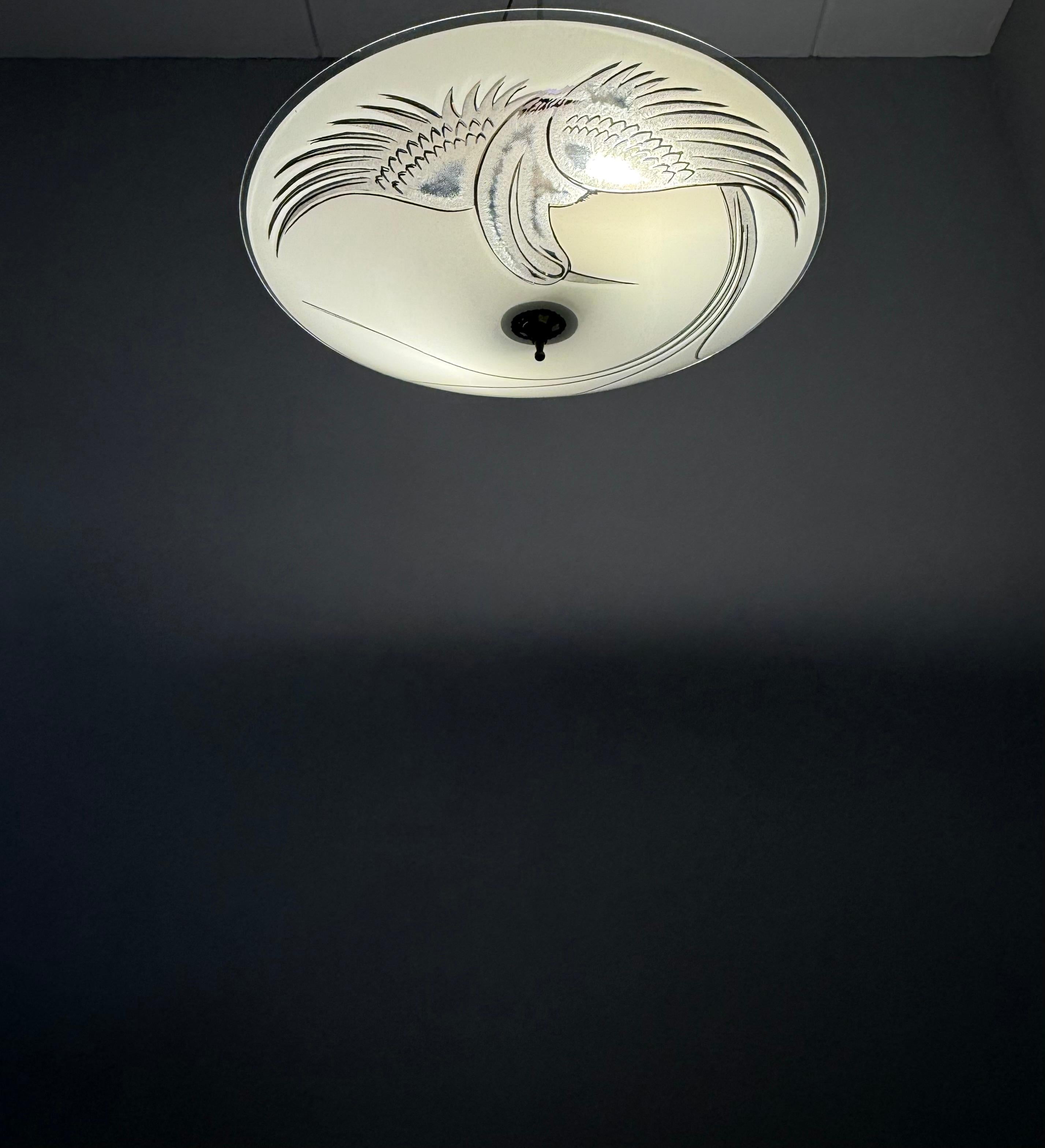 Flush Mount Ceiling Light, Frosted Glass w. Paradise Bird Motif & Brass Hardware For Sale 9