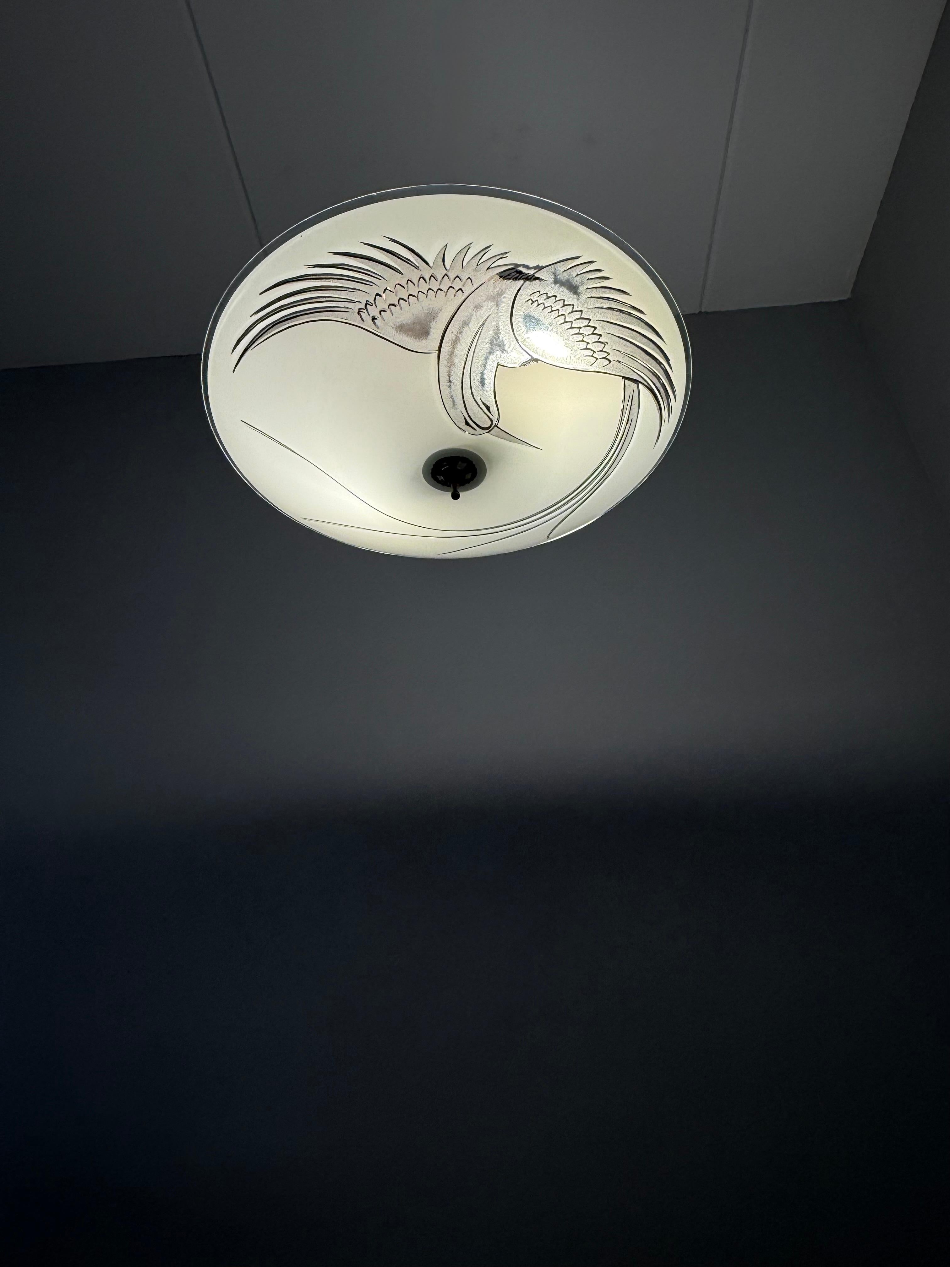Flush Mount Ceiling Light, Frosted Glass w. Paradise Bird Motif & Brass Hardware For Sale 10