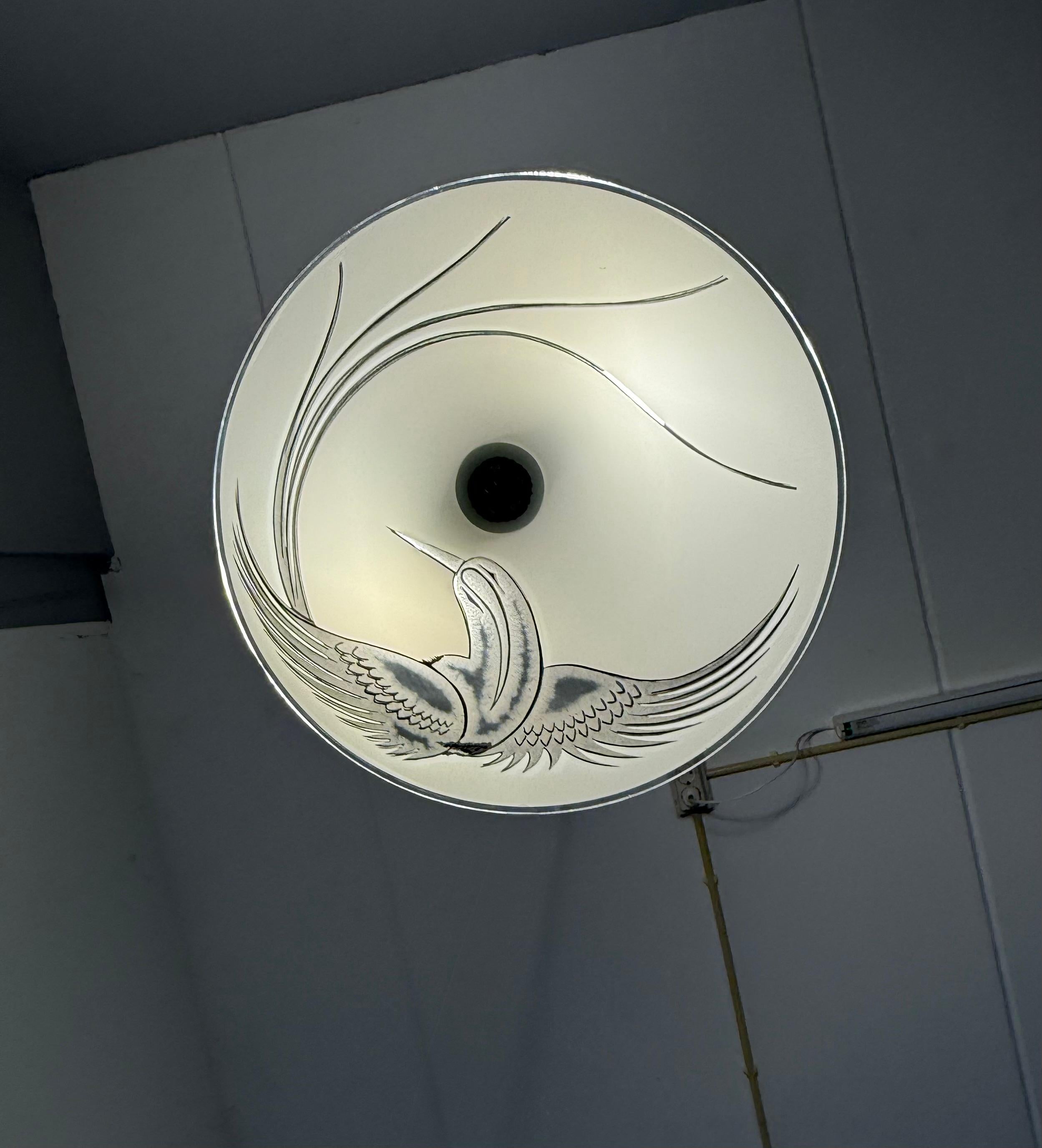 Flush Mount Ceiling Light, Frosted Glass w. Paradise Bird Motif & Brass Hardware For Sale 11