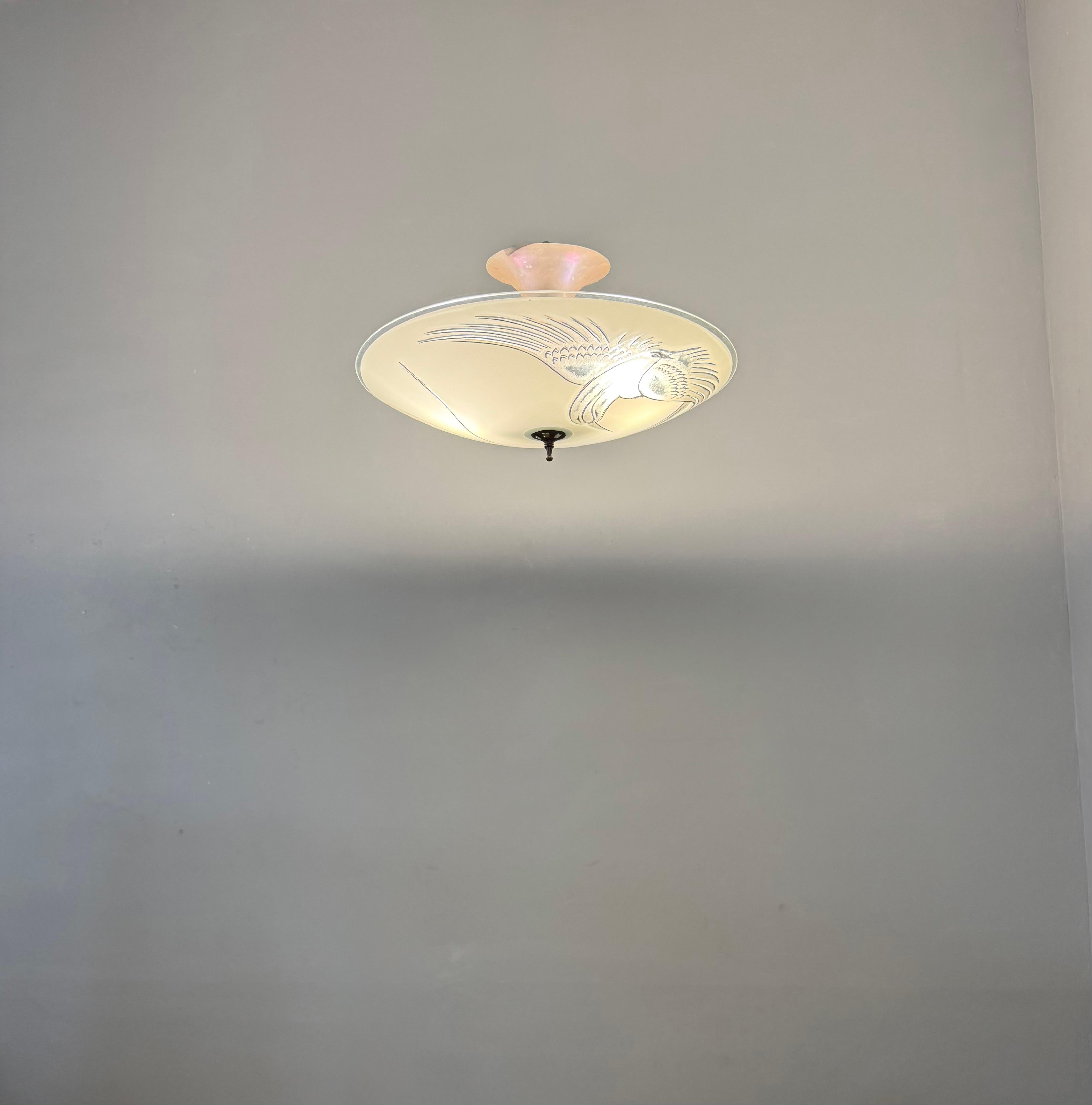 Flush Mount Ceiling Light, Frosted Glass w. Paradise Bird Motif & Brass Hardware For Sale 12