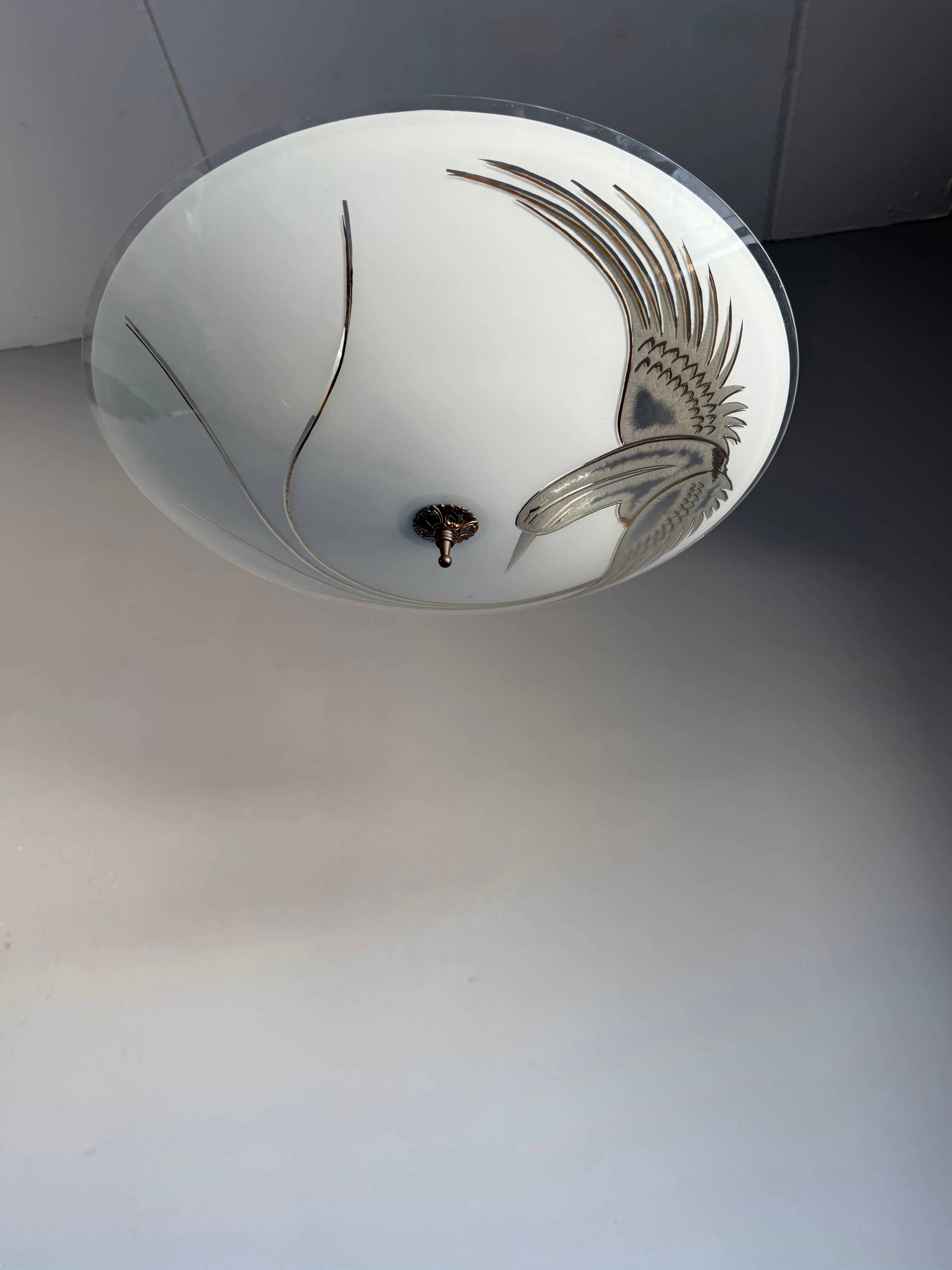 Mid-Century Modern Flush Mount Ceiling Light, Frosted Glass w. Paradise Bird Motif & Brass Hardware For Sale