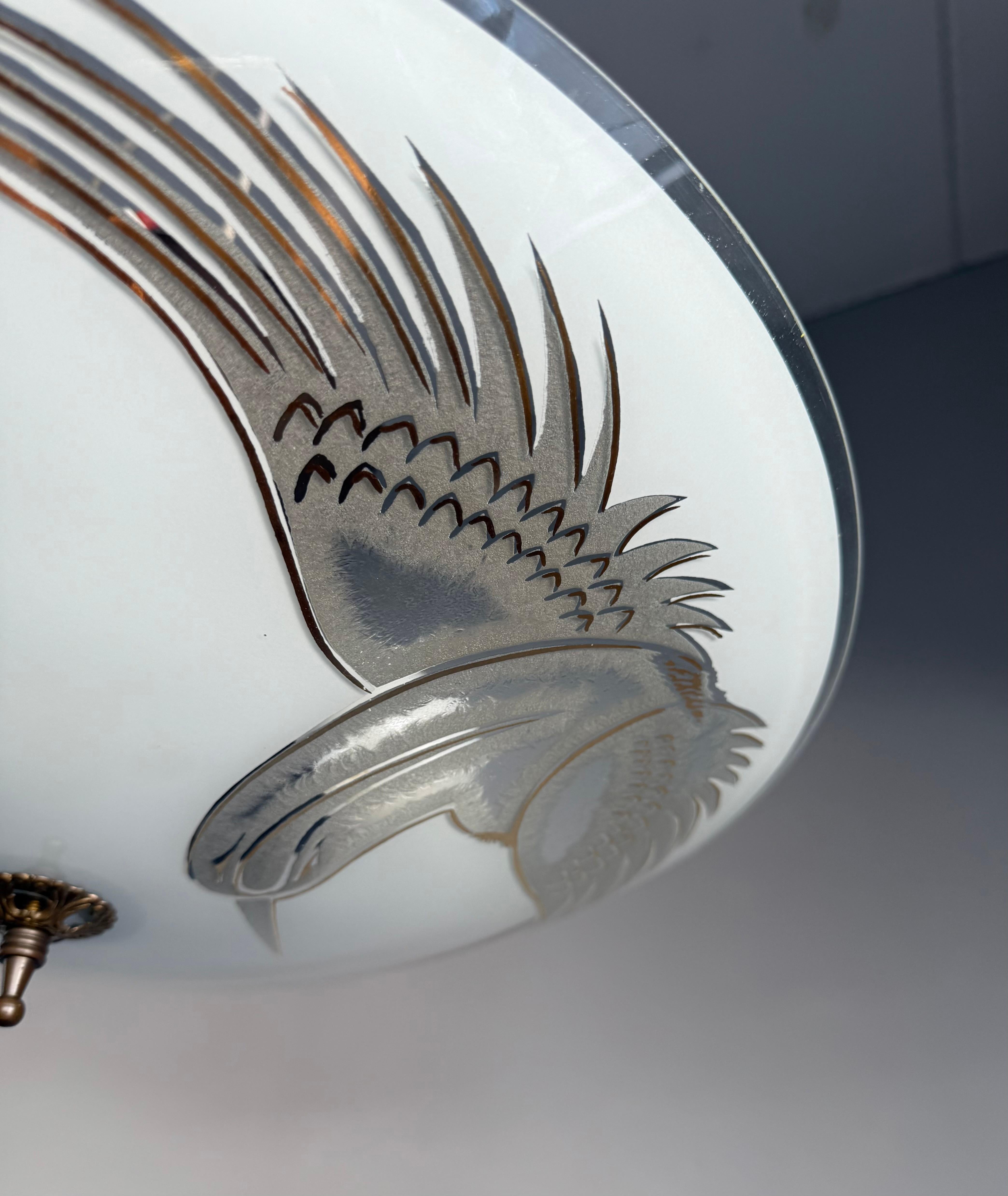 European Flush Mount Ceiling Light, Frosted Glass w. Paradise Bird Motif & Brass Hardware For Sale
