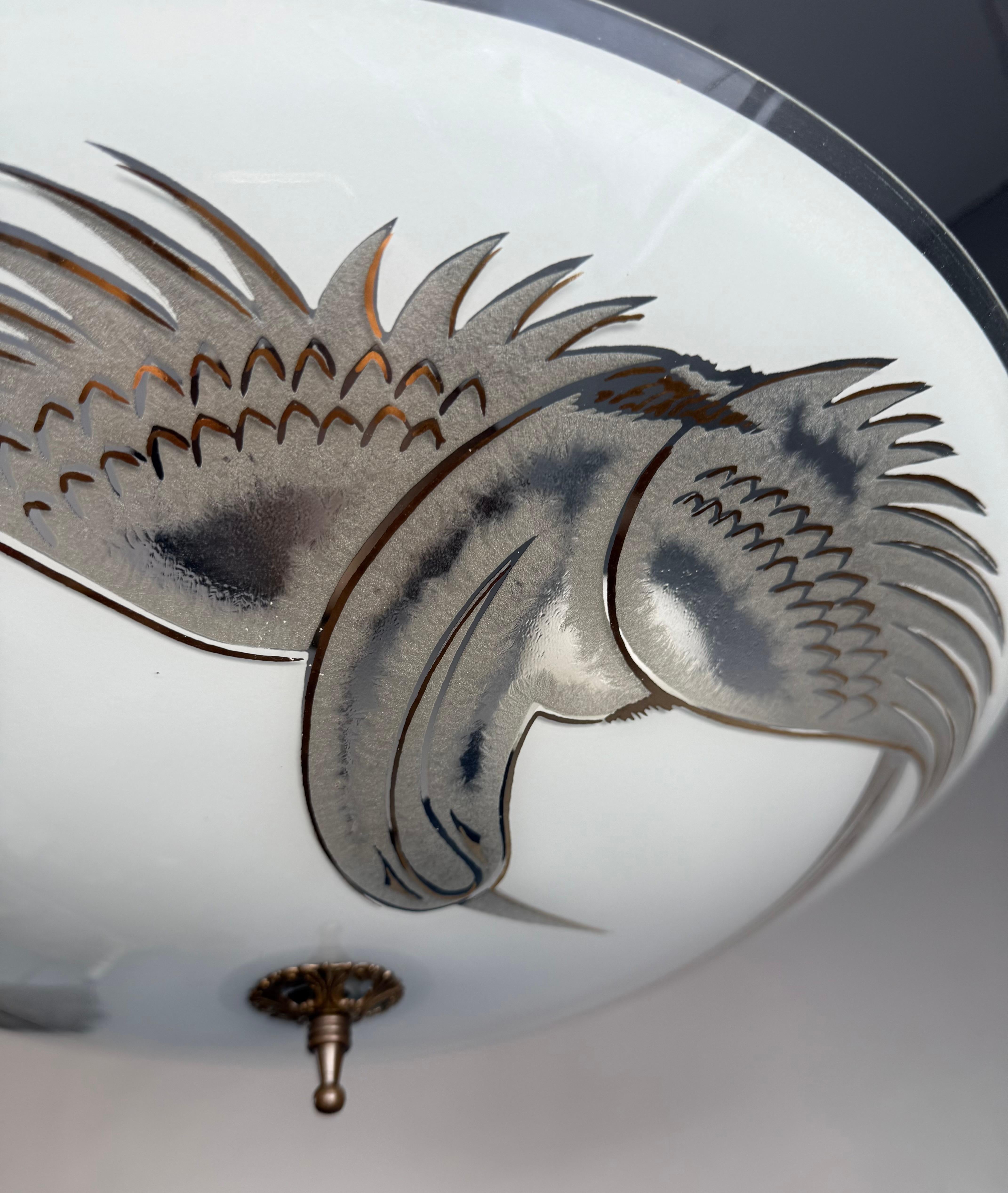 Hand-Crafted Flush Mount Ceiling Light, Frosted Glass w. Paradise Bird Motif & Brass Hardware For Sale