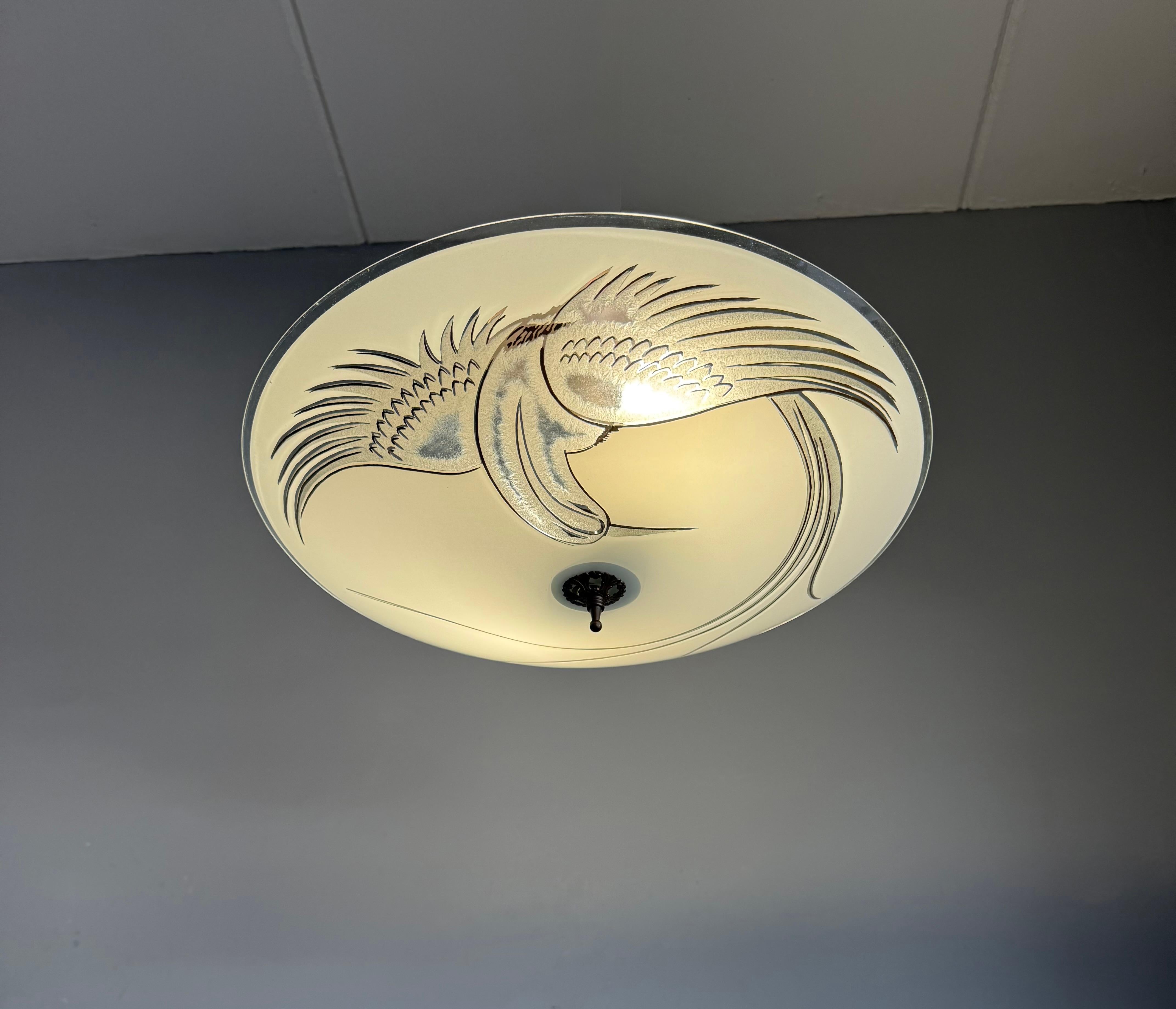 Flush Mount Ceiling Light, Frosted Glass w. Paradise Bird Motif & Brass Hardware In Excellent Condition For Sale In Lisse, NL