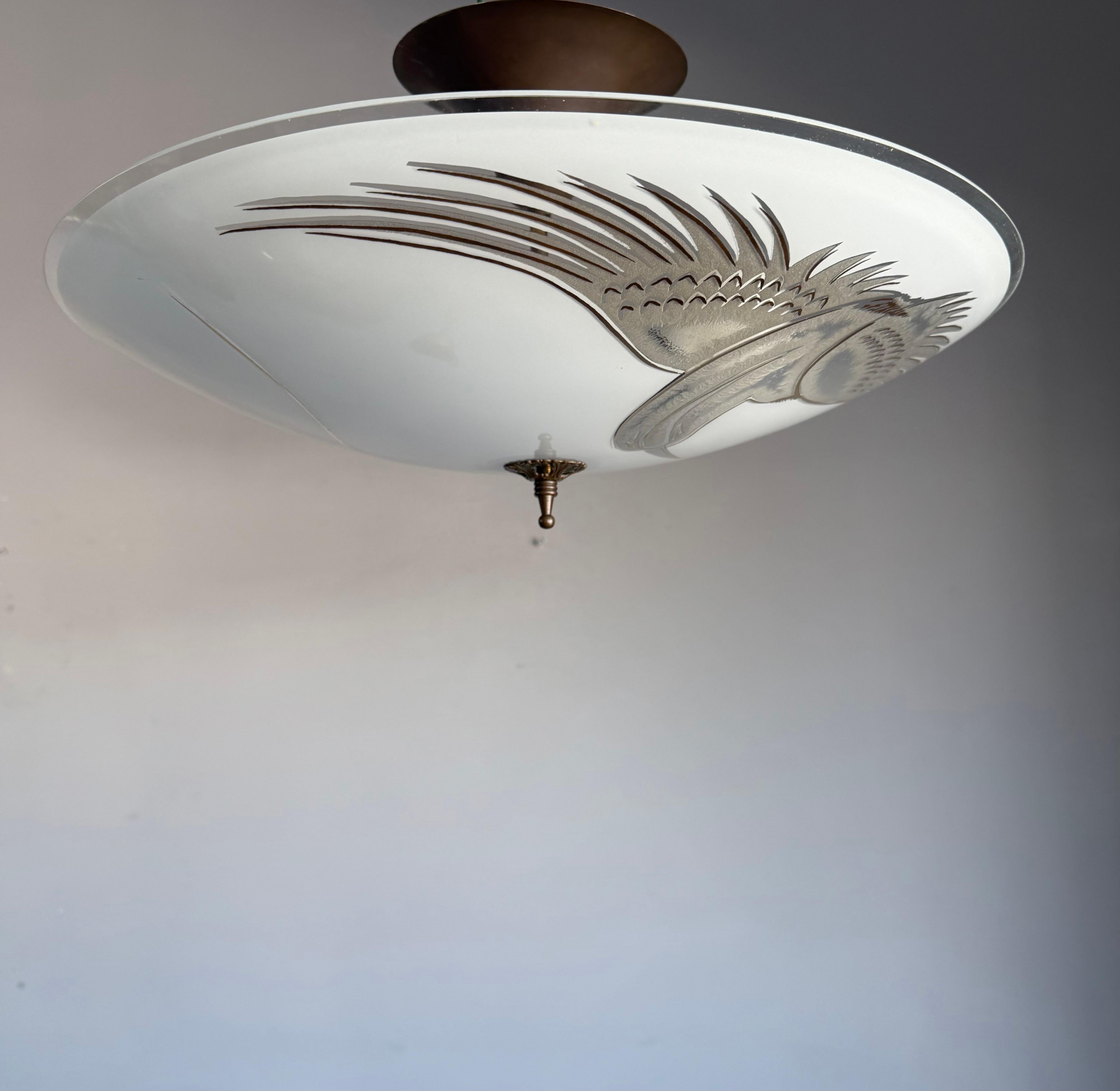 20th Century Flush Mount Ceiling Light, Frosted Glass w. Paradise Bird Motif & Brass Hardware For Sale
