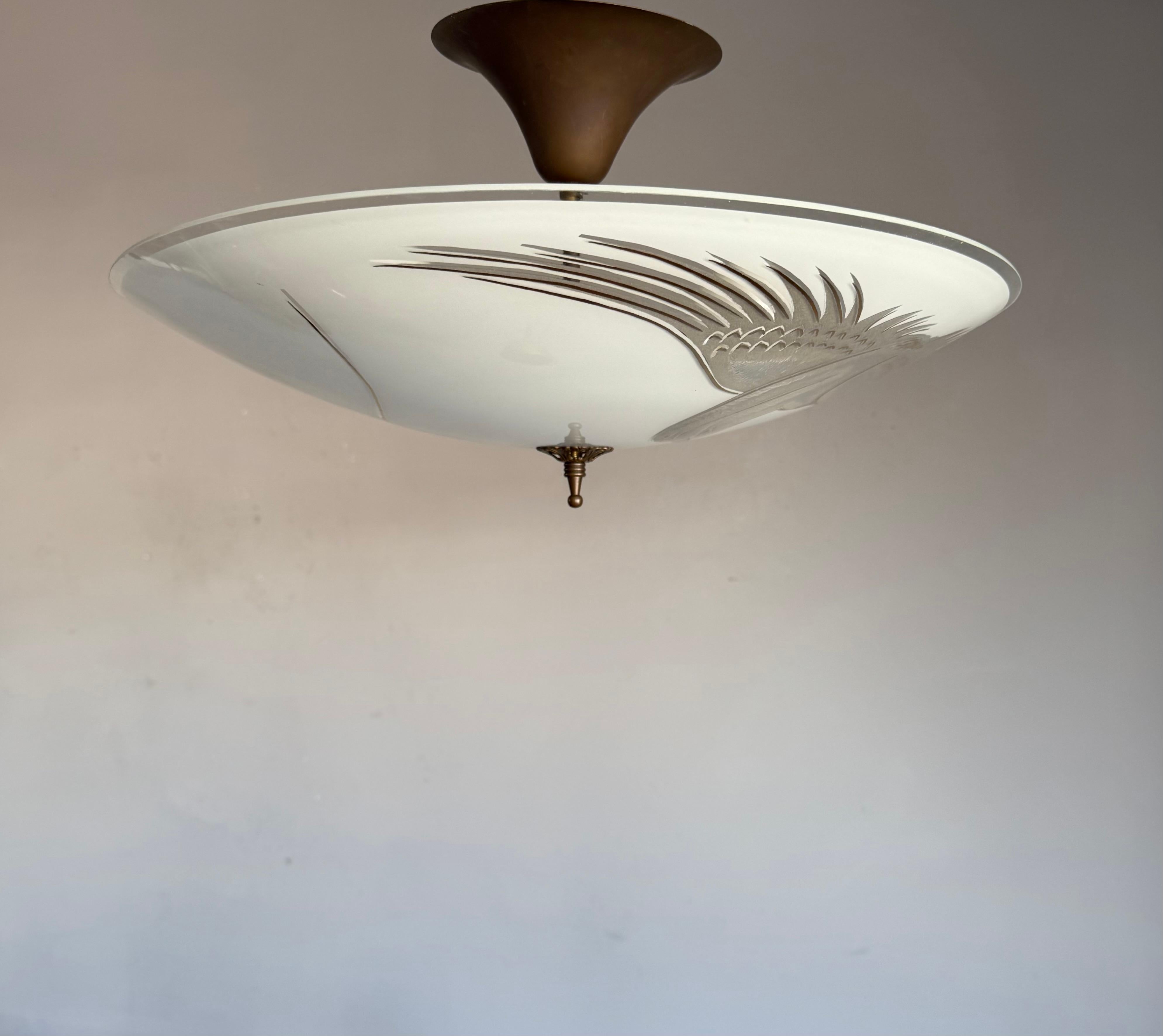 Metal Flush Mount Ceiling Light, Frosted Glass w. Paradise Bird Motif & Brass Hardware For Sale