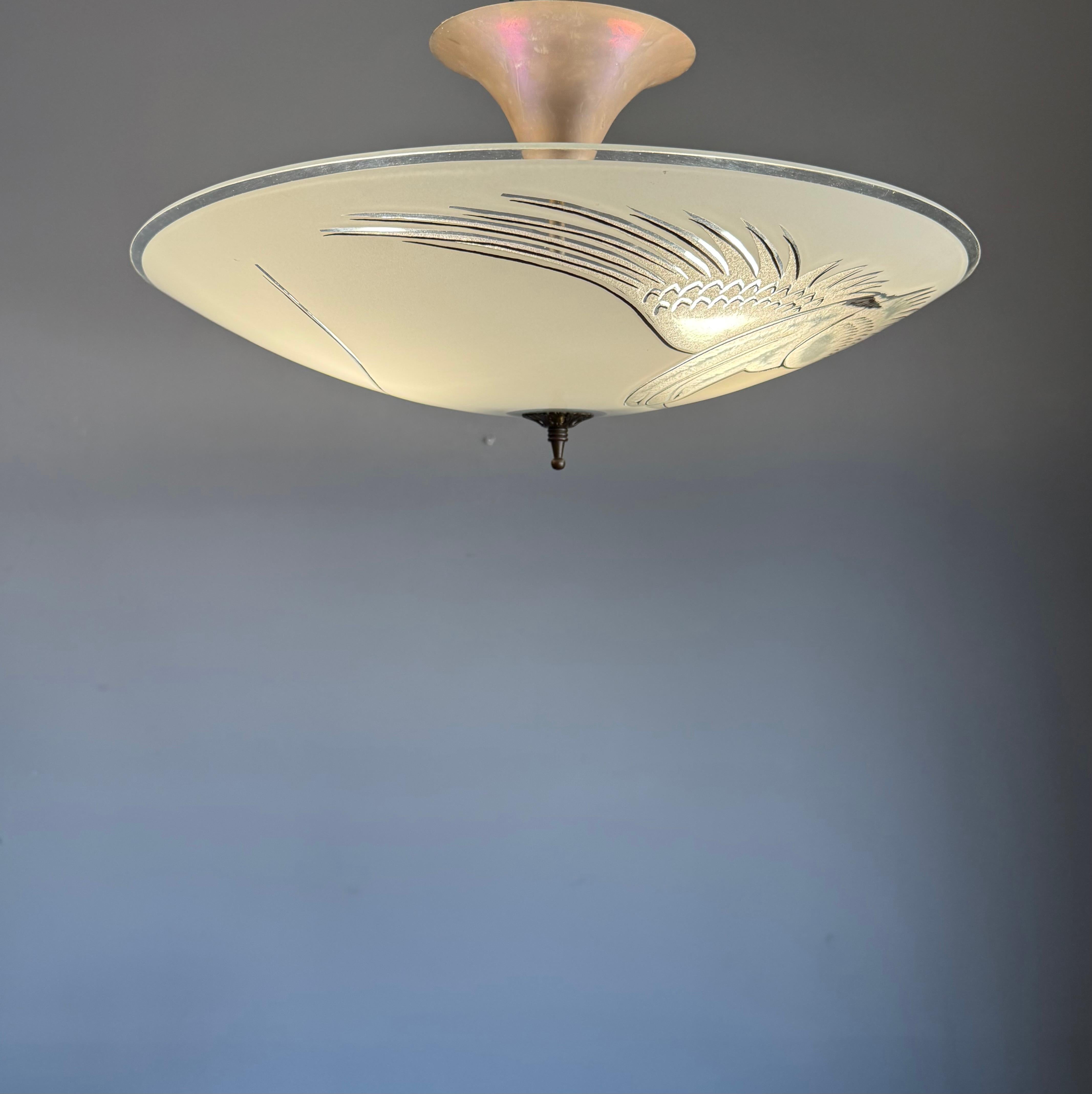 Flush Mount Ceiling Light, Frosted Glass w. Paradise Bird Motif & Brass Hardware For Sale 1
