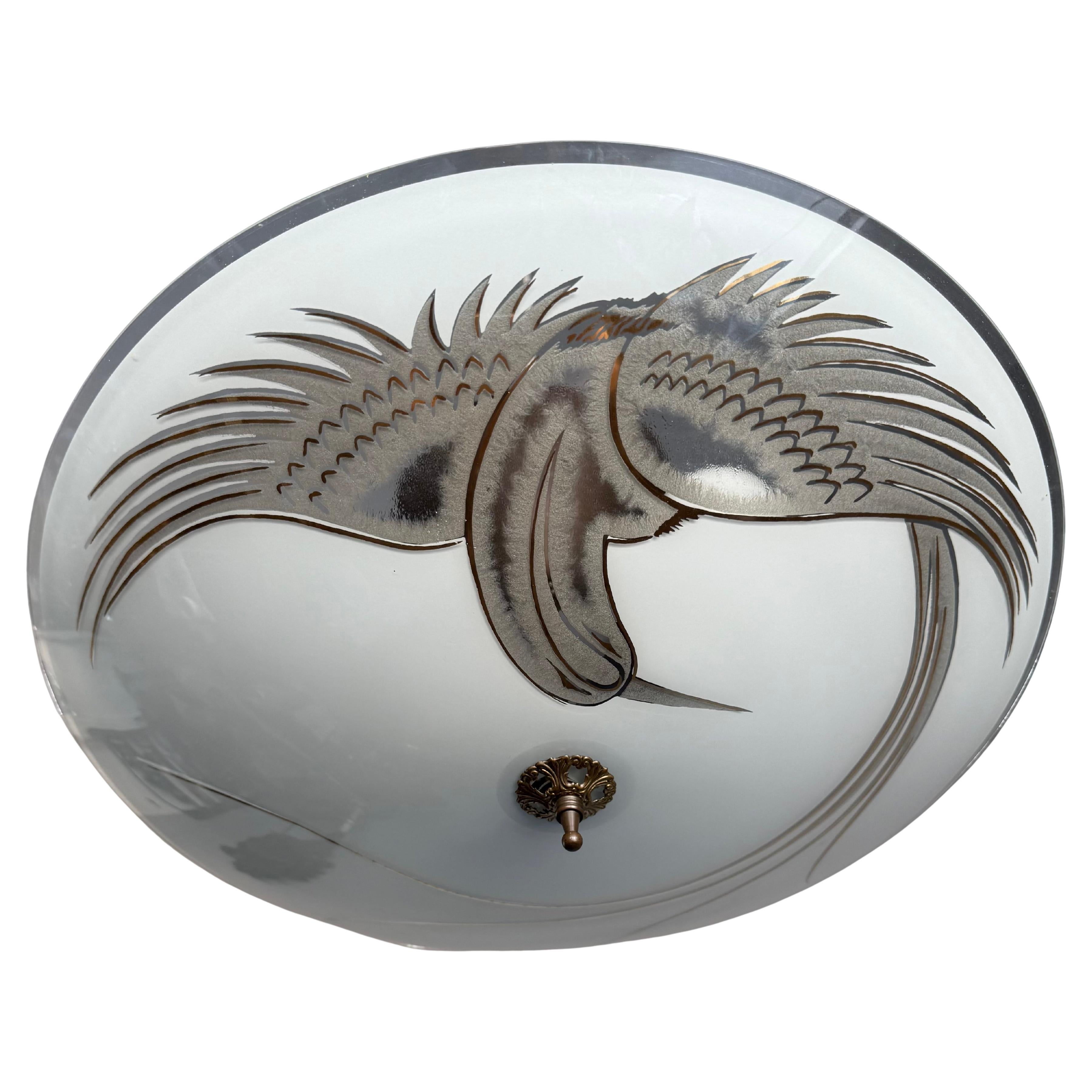 Flush Mount Ceiling Light, Frosted Glass w. Paradise Bird Motif & Brass Hardware For Sale