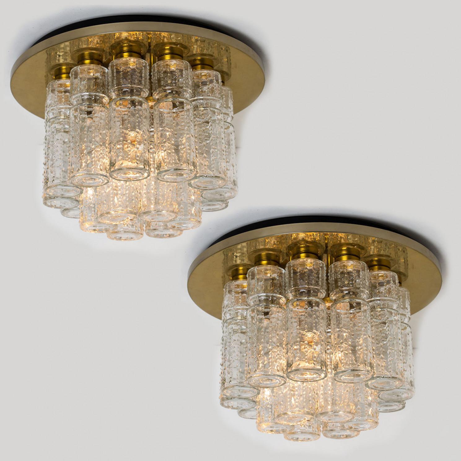 Brass Flush Mount Chandelier by Boris Tabachoff with Hand Blow Glass Prisms, 1970 For Sale