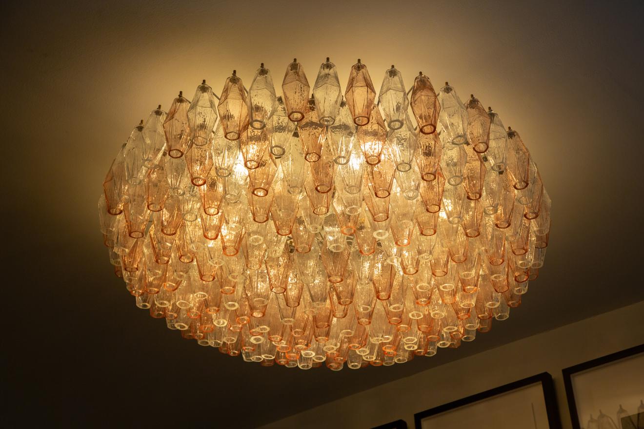Contemporary Flush Mount Chandelier Pink and Clear Murano Glass Poliedri, in Stock