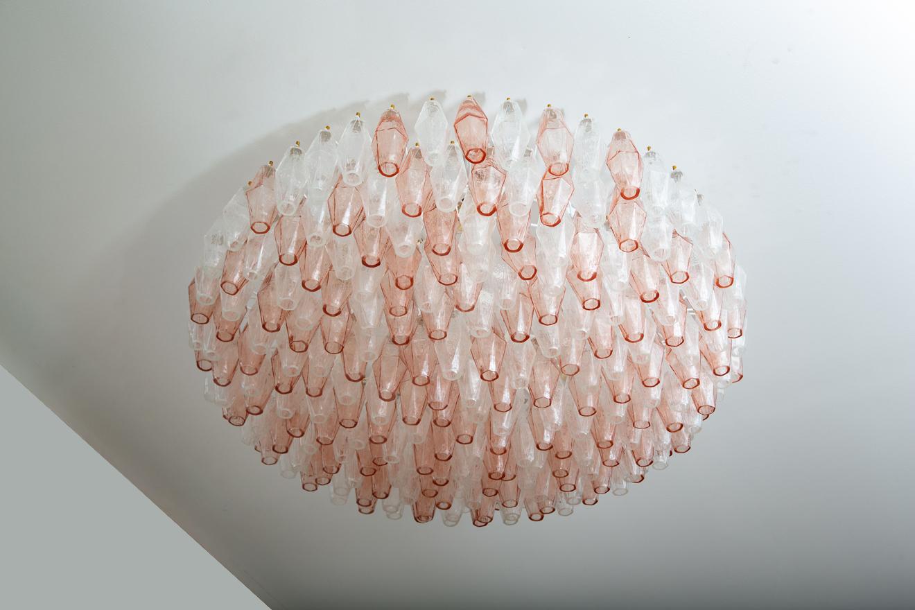 Mid-Century Modern Flush Mount Chandelier Pink and Clear Murano Glass Poliedri, in Stock
