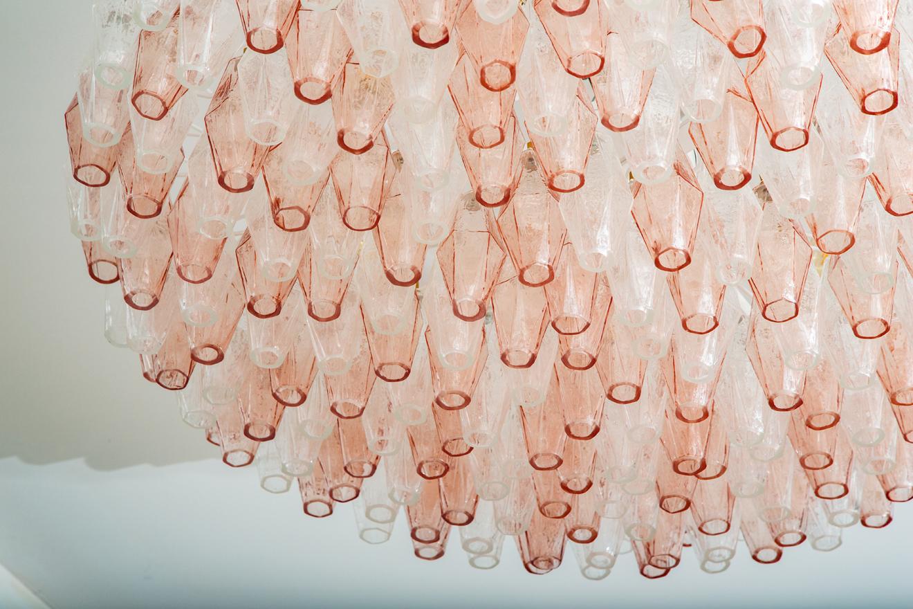 Mid-Century Modern Flush Mount Chandelier Pink and Clear Murano Glass Poliedri, in Stock