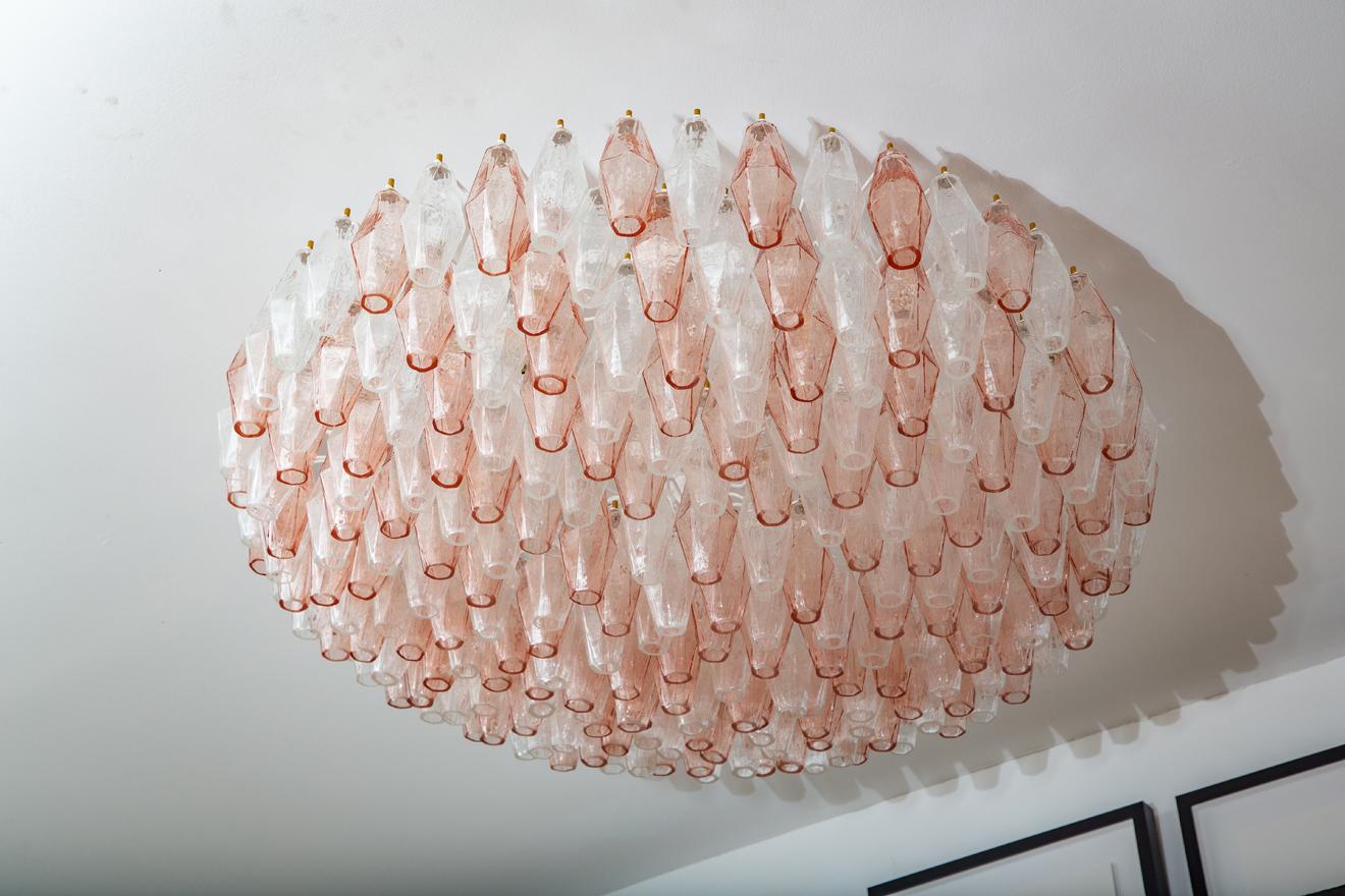 Italian Flush Mount Chandelier Pink and Clear Murano Glass Poliedri, in Stock