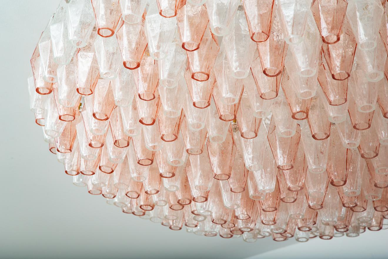 Contemporary Flush Mount Chandelier Pink and Clear Murano Glass Poliedri, in Stock