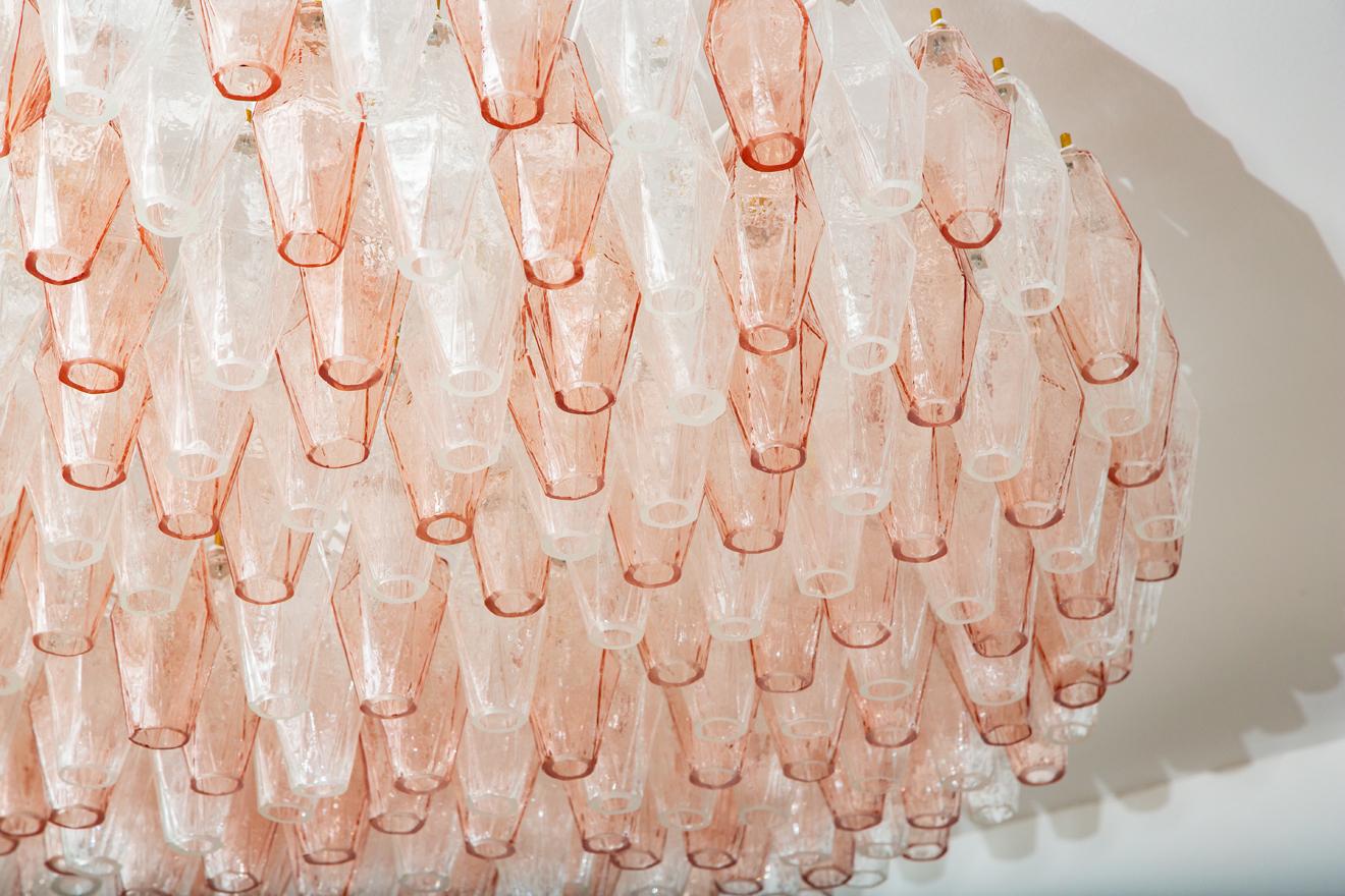 Blown Glass Flush Mount Chandelier Pink and Clear Murano Glass Poliedri, in Stock