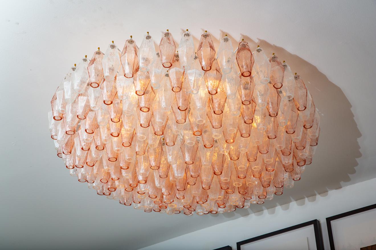 Flush Mount Chandelier Pink and Clear Murano Glass Poliedri, in Stock 1