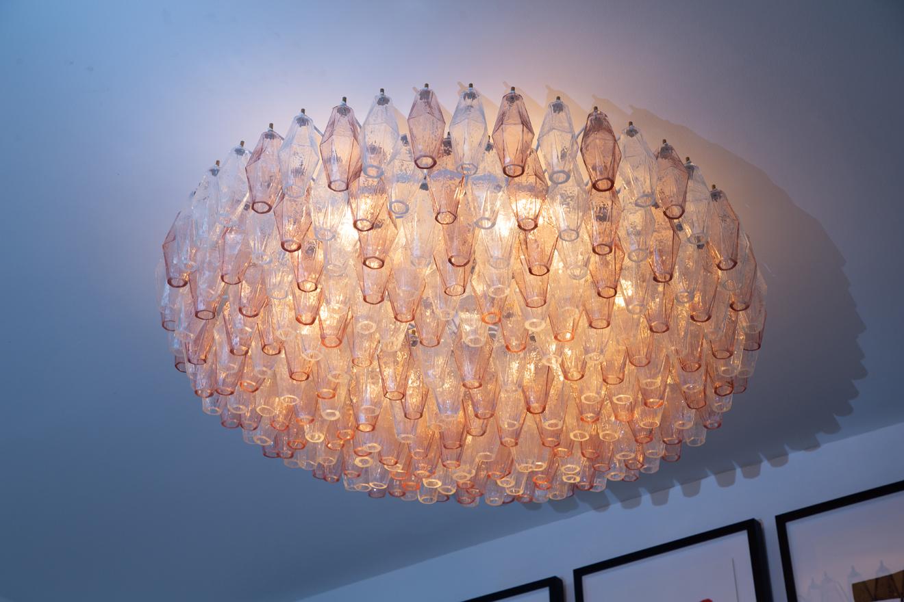 Flush Mount Chandelier Pink and Clear Murano Glass Poliedri, in Stock 2