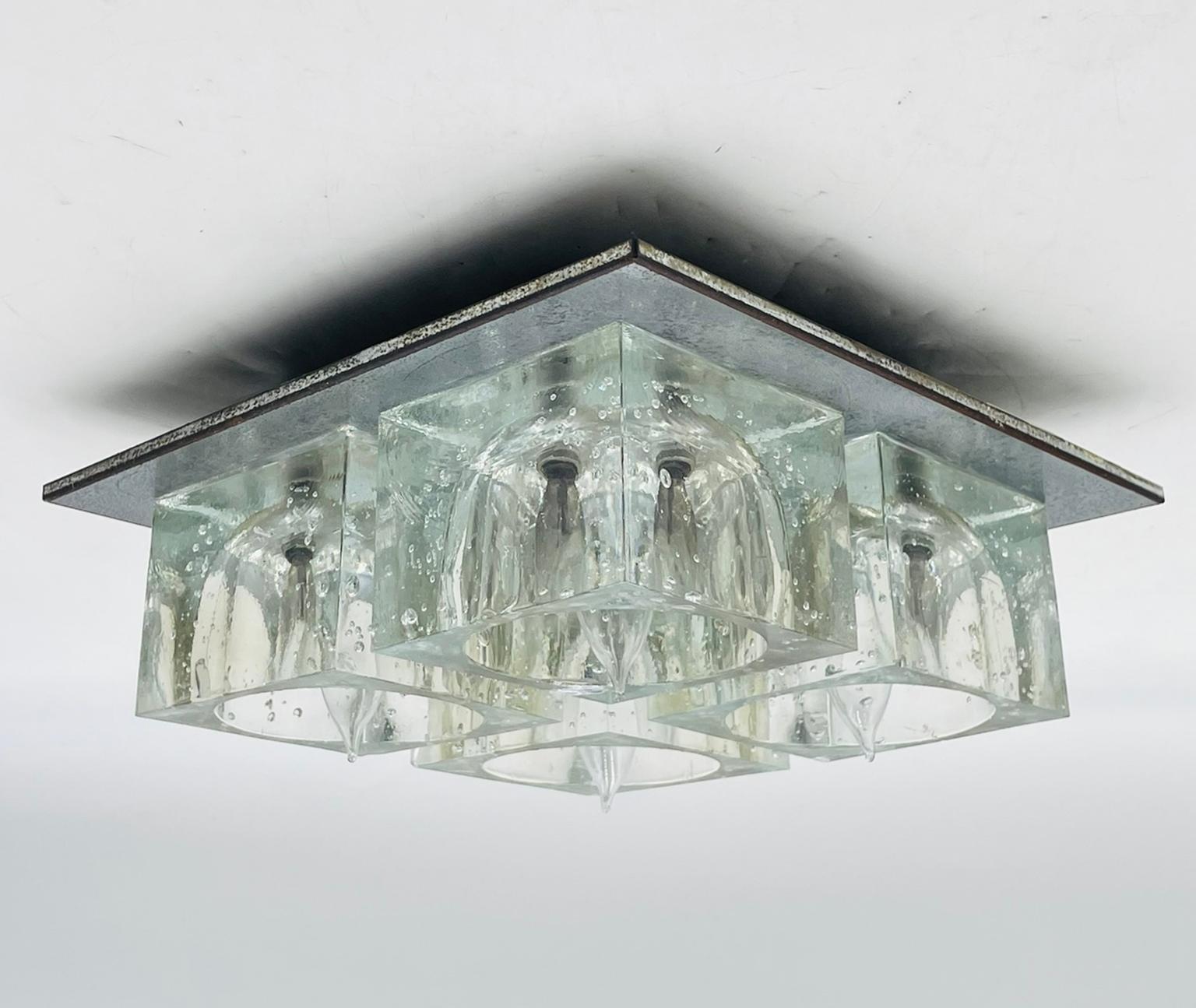 Italian Flush Mount Chrome & Murano Glass Ceiling Light by Sciolari for Lightolier For Sale
