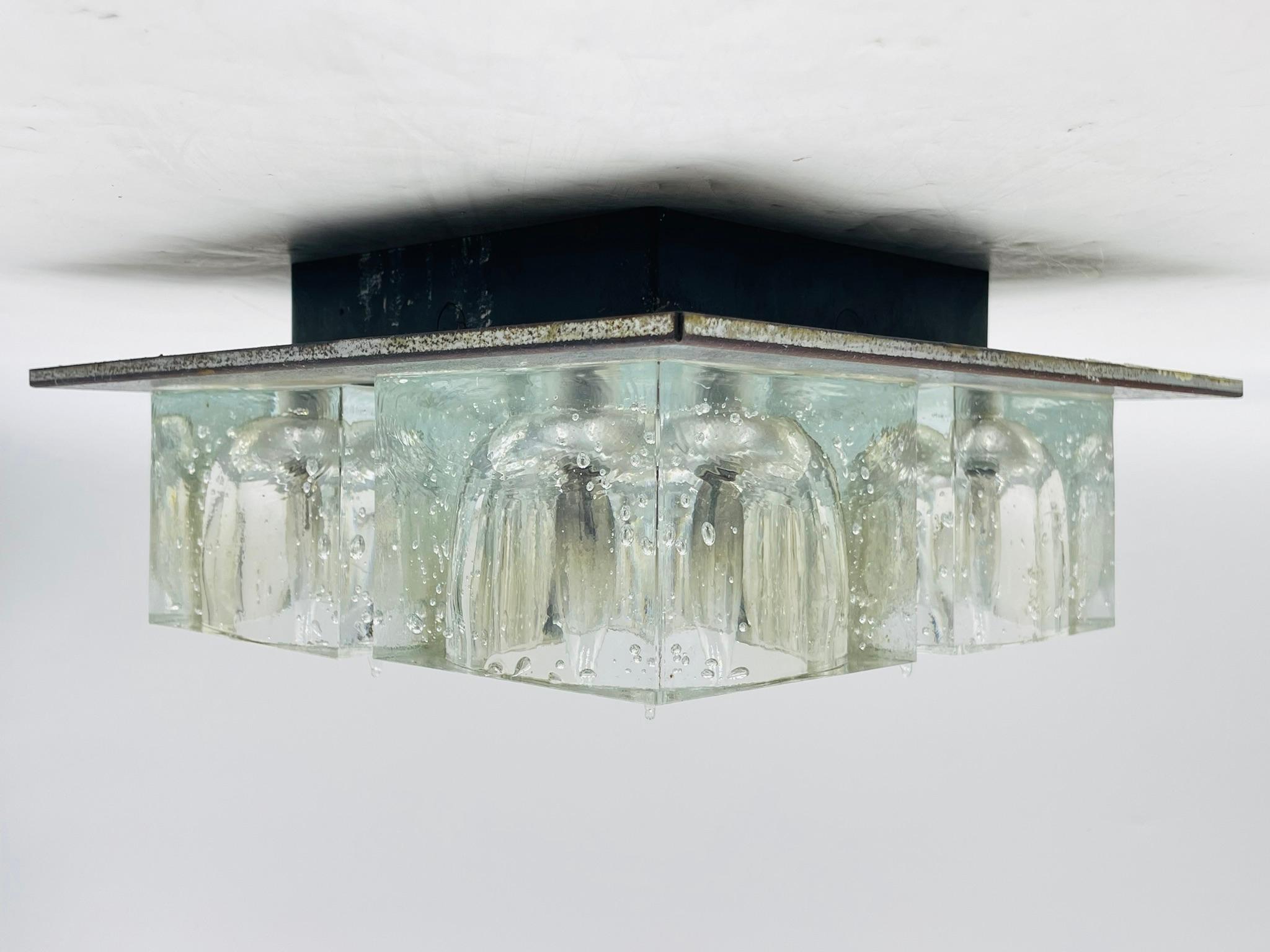 Flush Mount Chrome & Murano Glass Ceiling Light by Sciolari for Lightolier In Fair Condition For Sale In Los Angeles, CA