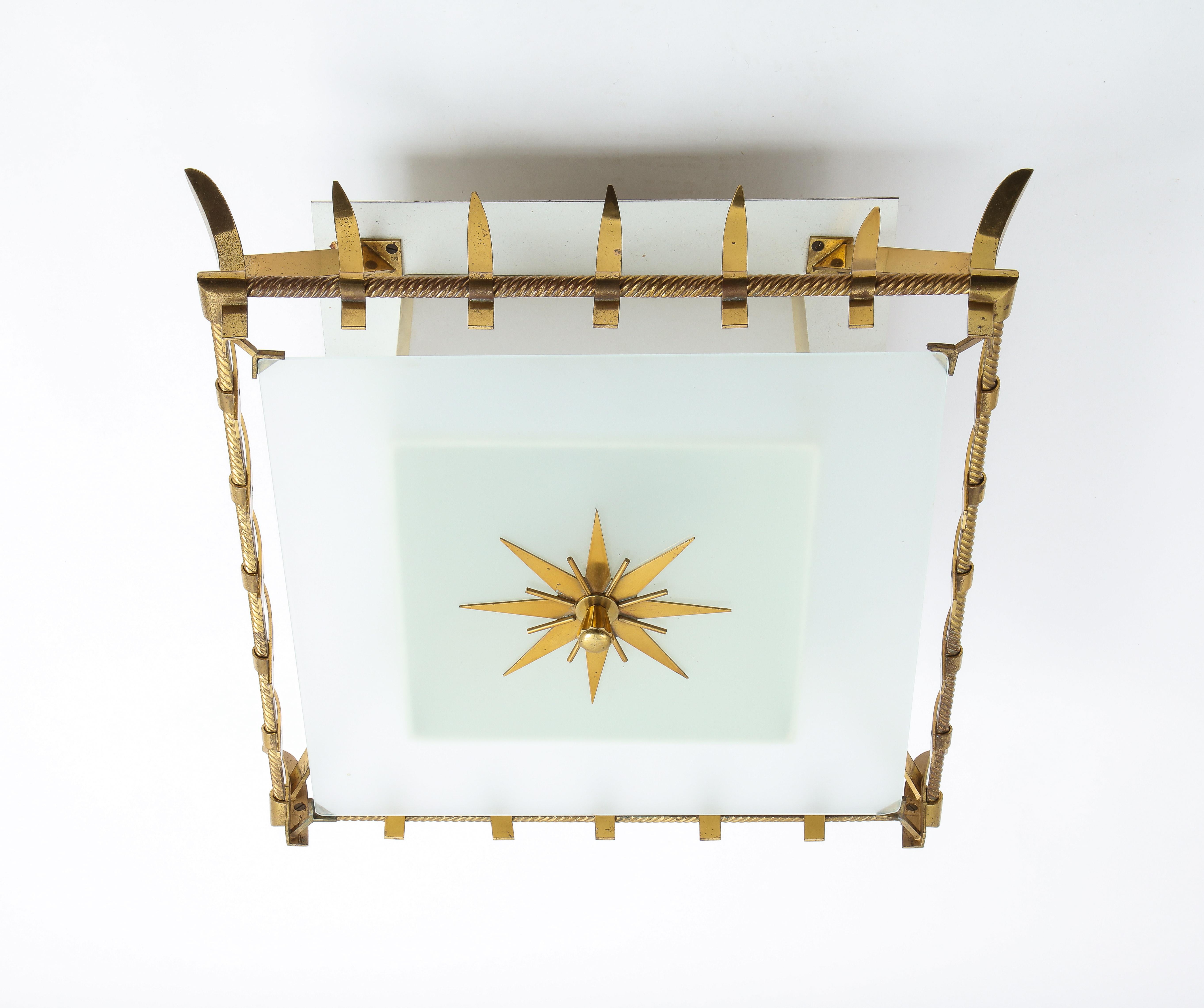 Wonderful bronze and glass fixture by Sabino, the ornate frame is made of bronze and supports a glass diffuser fastened by a large bronze star. Rewired.