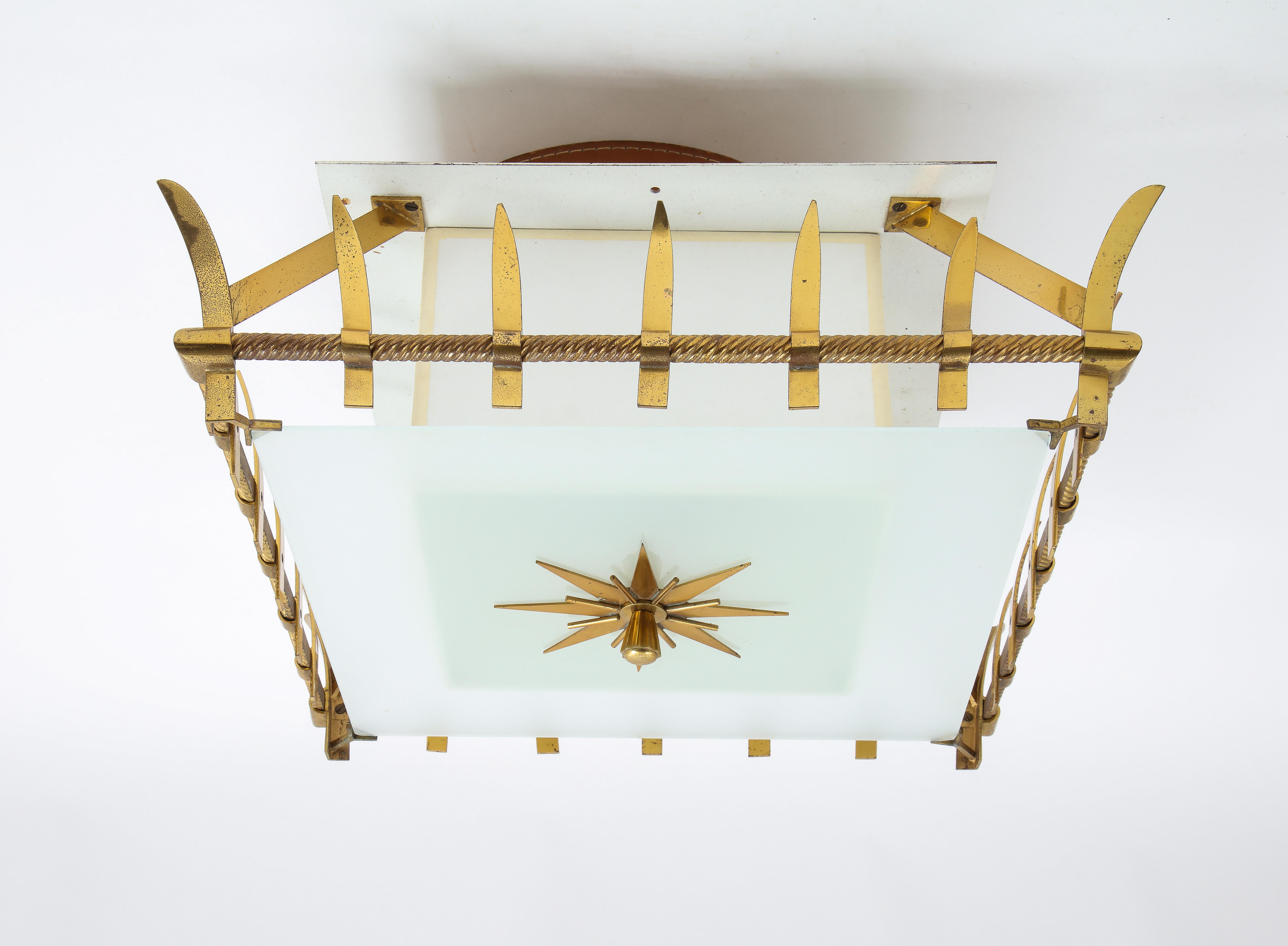 Mid-Century Modern Flushmount Fixture in Bronze and Glass by Marius-Ernest Sabino, France, 1950s