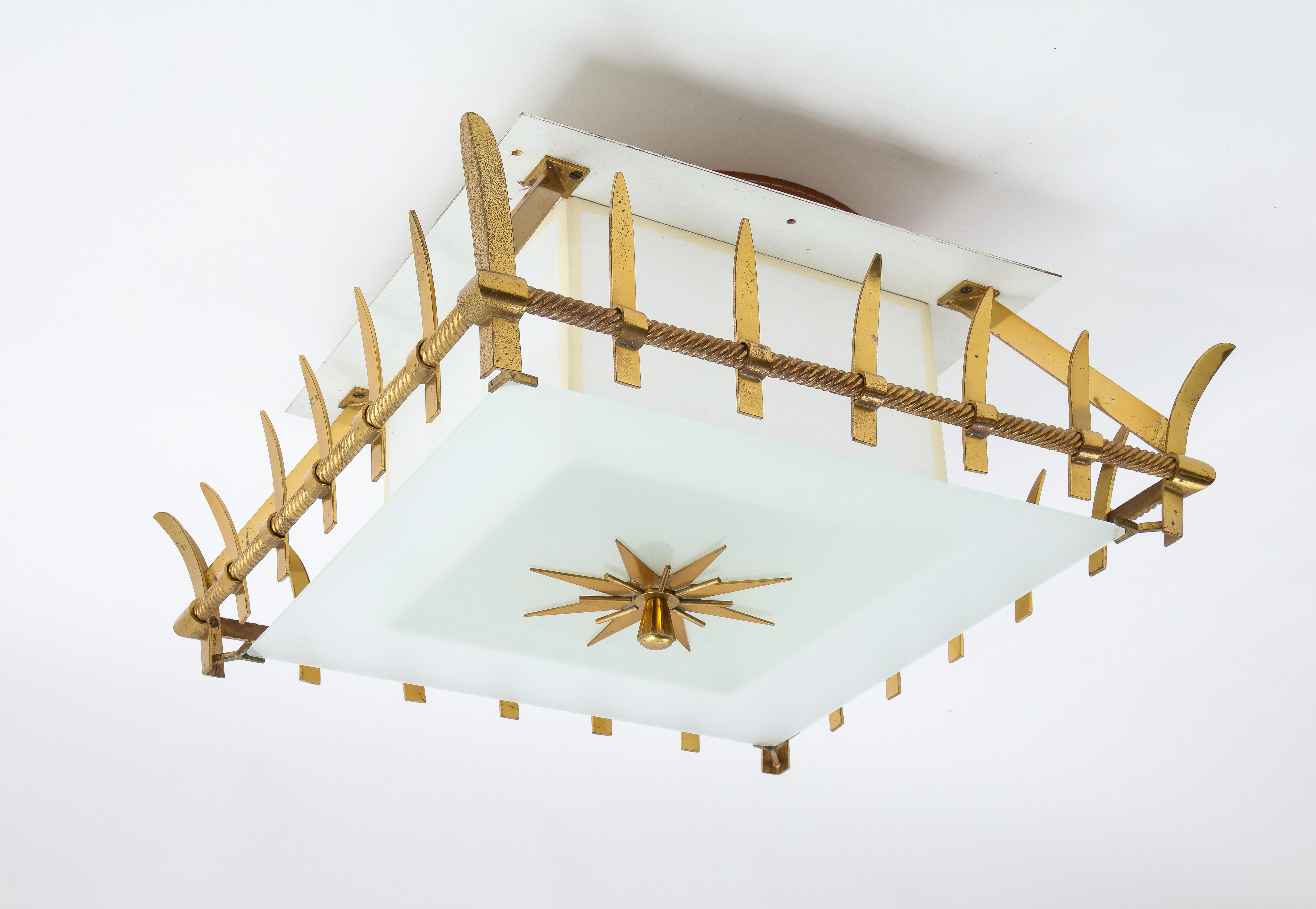 20th Century Flushmount Fixture in Bronze and Glass by Marius-Ernest Sabino, France, 1950s