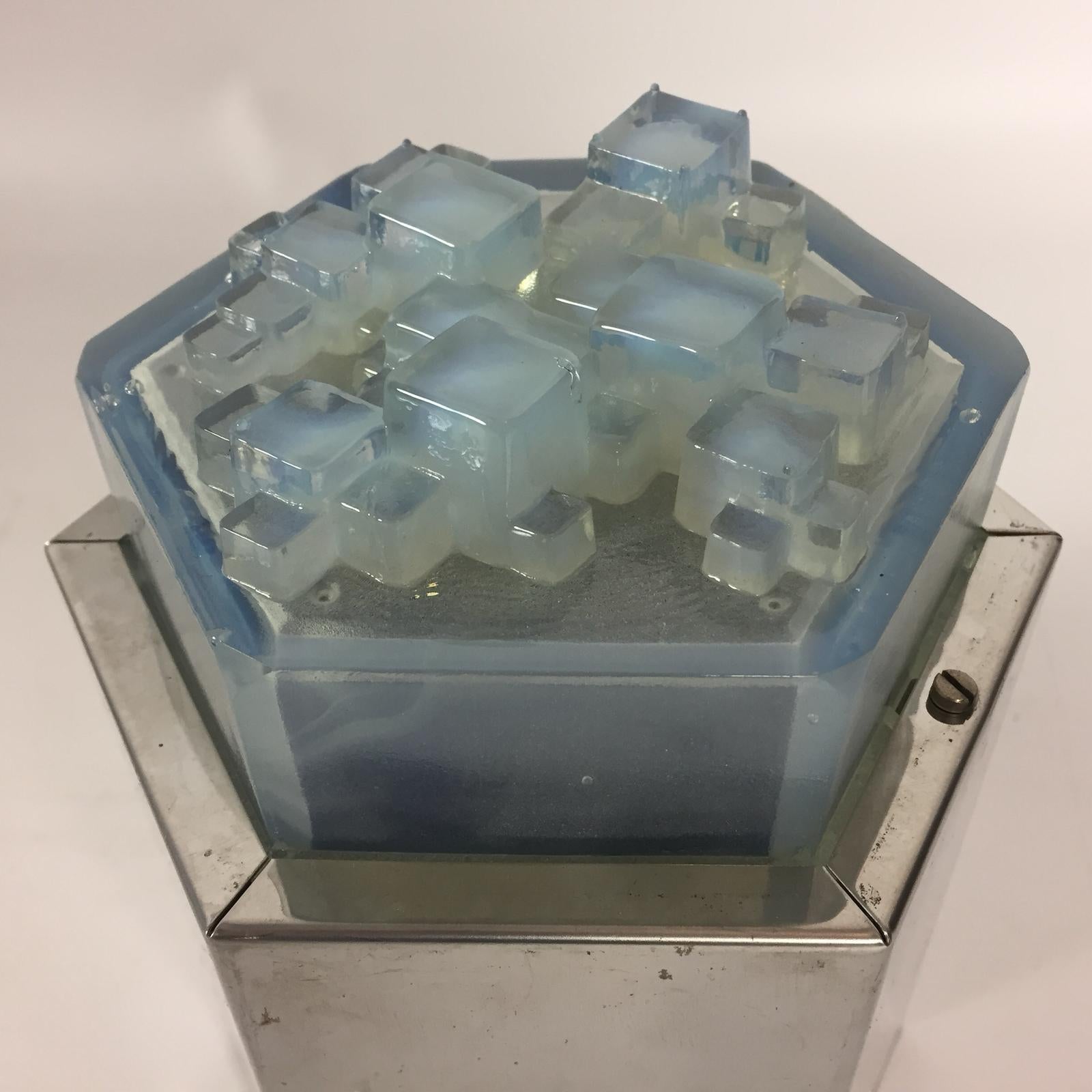 Stunning Poliarte glass and chrome hexagon flush mounts. The blue glass has a geometric 3-dimensional detail. Chrome fixture with some patina. Newly re-wired. Sold individual, 4 pieces available. Can be used as a wall lamp or as a ceiling lamp.