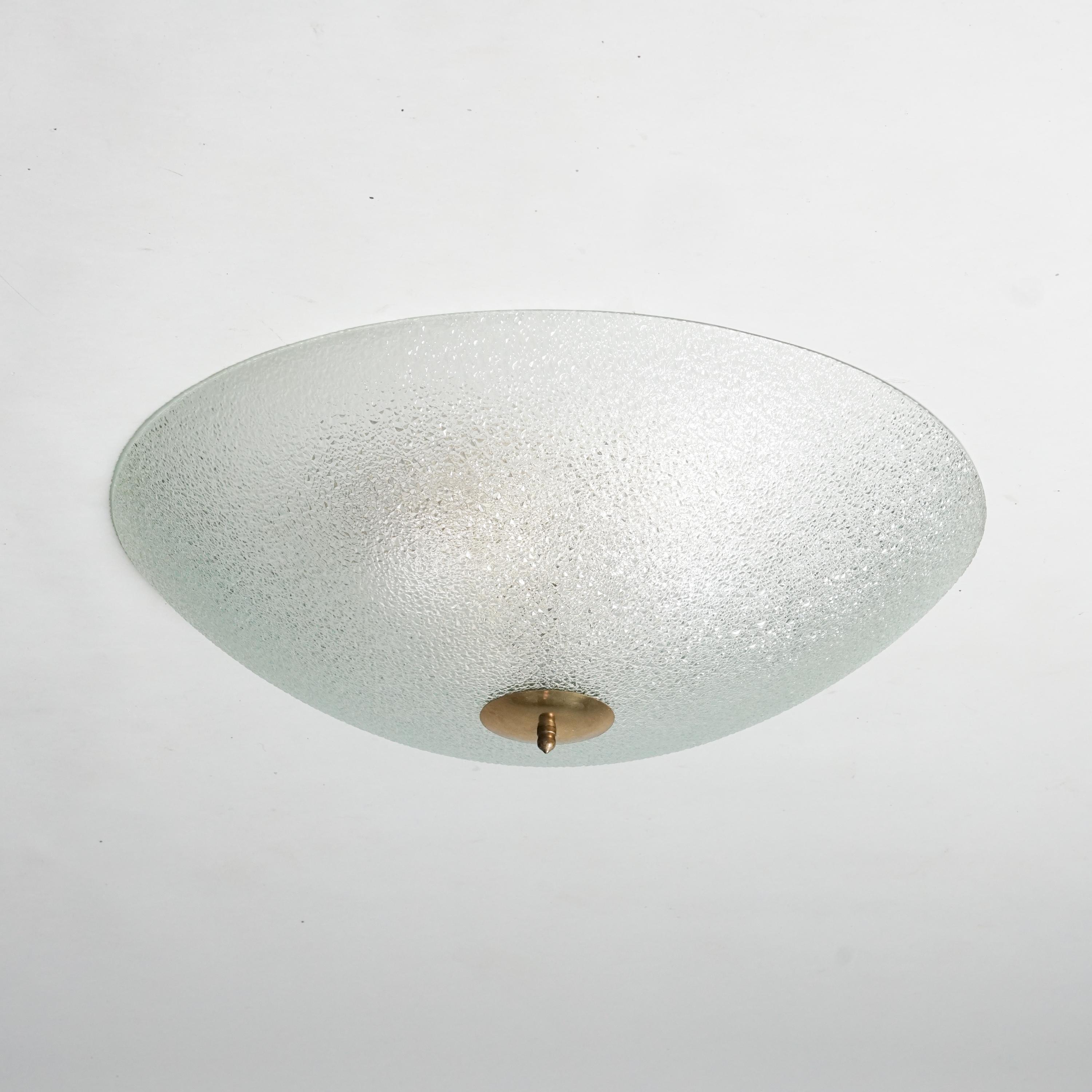 Flush mount, manufactured by Lasipaino Oy, 1960s. Frosted glass with brass details. Good vintage condition, minor patina consistent with age and use. Beautiful minimalistic design. 

