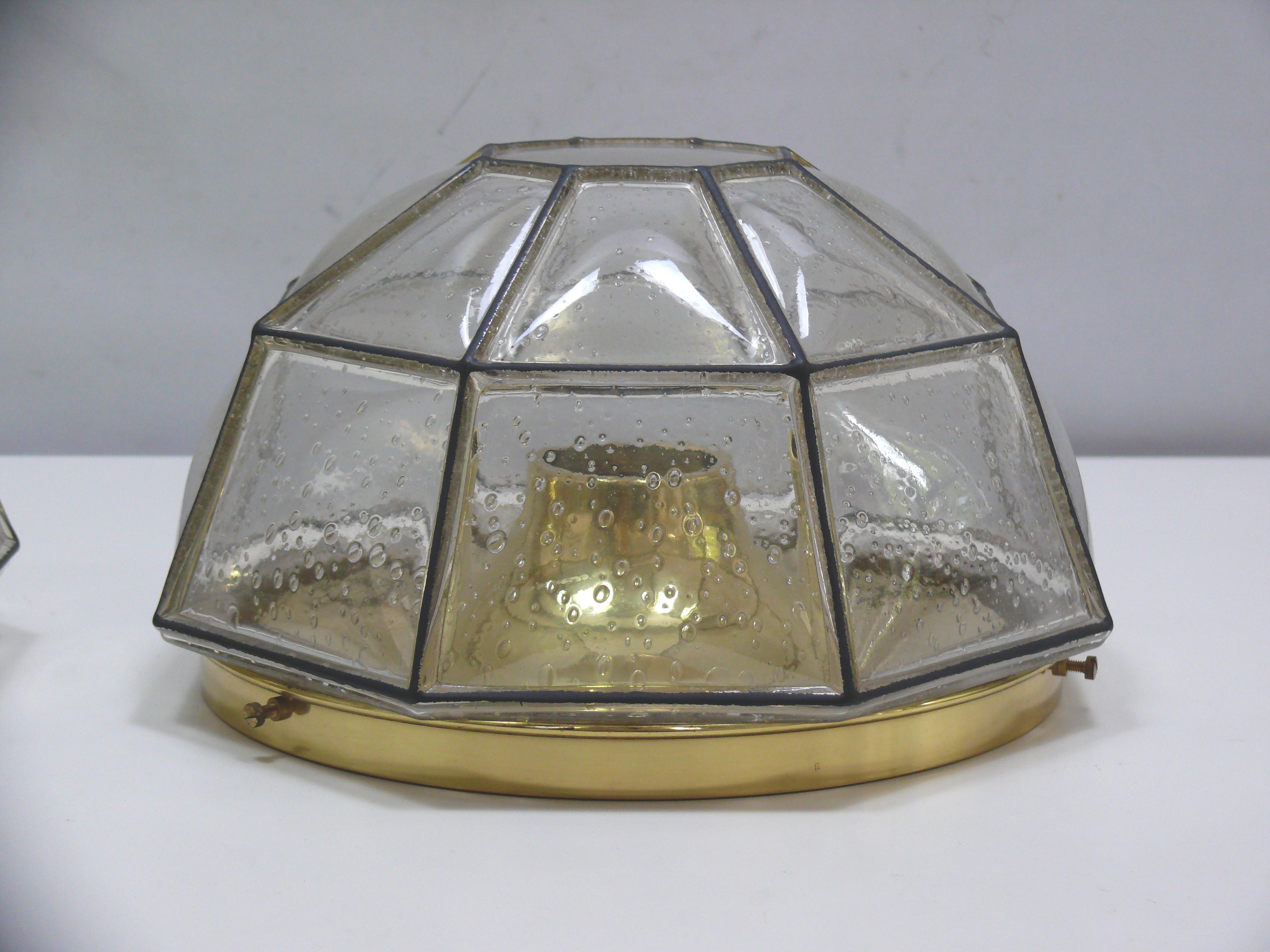 Mid-Century Modern Flush Mount, Glass-Brass, Made by Glashütte Limburg, 1970s For Sale