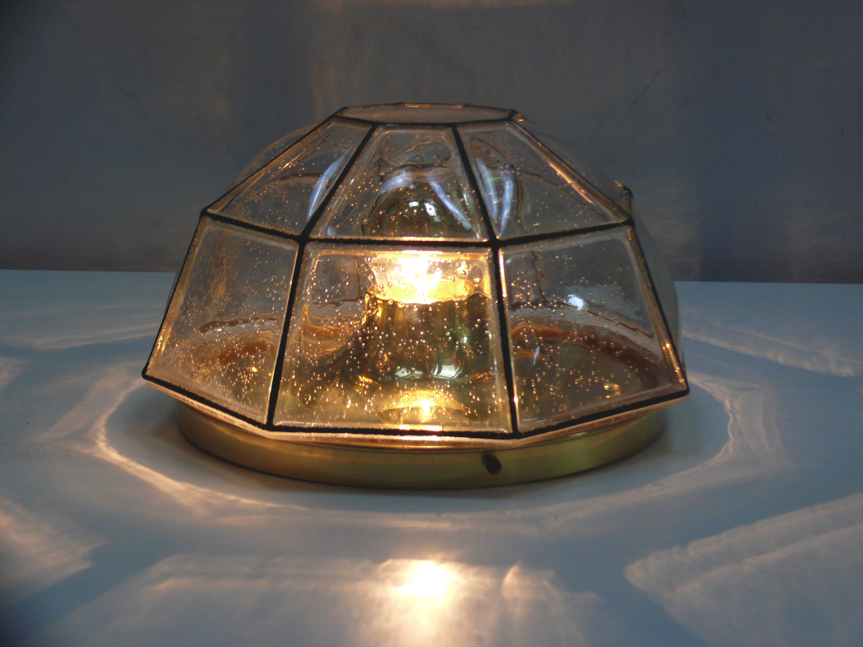 German Flush Mount, Glass-Brass, Made by Glashütte Limburg, 1970s For Sale