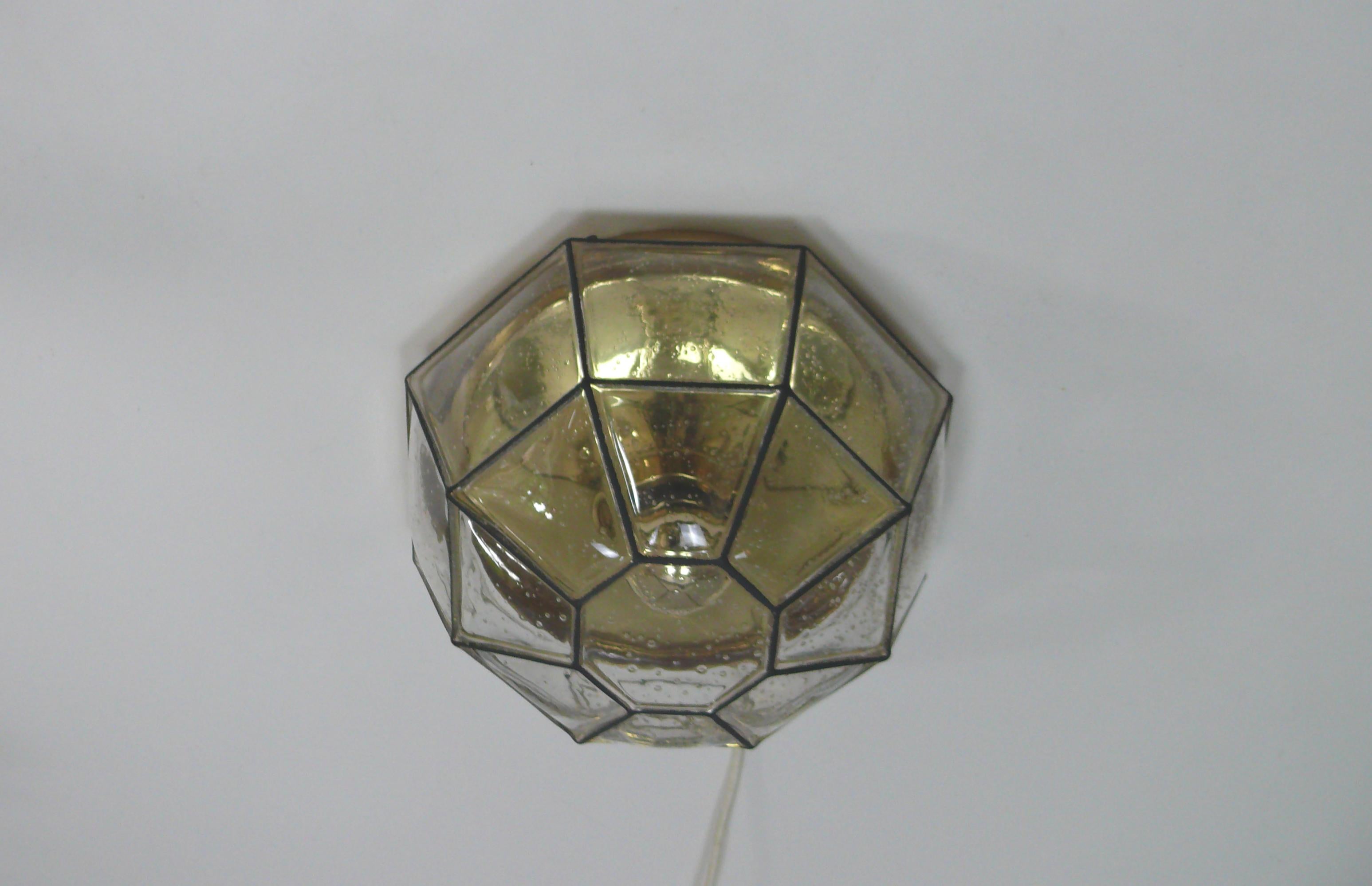 Flush Mount, Glass-Brass, Made by Glashütte Limburg, 1970s In Good Condition For Sale In Schwerin, MV
