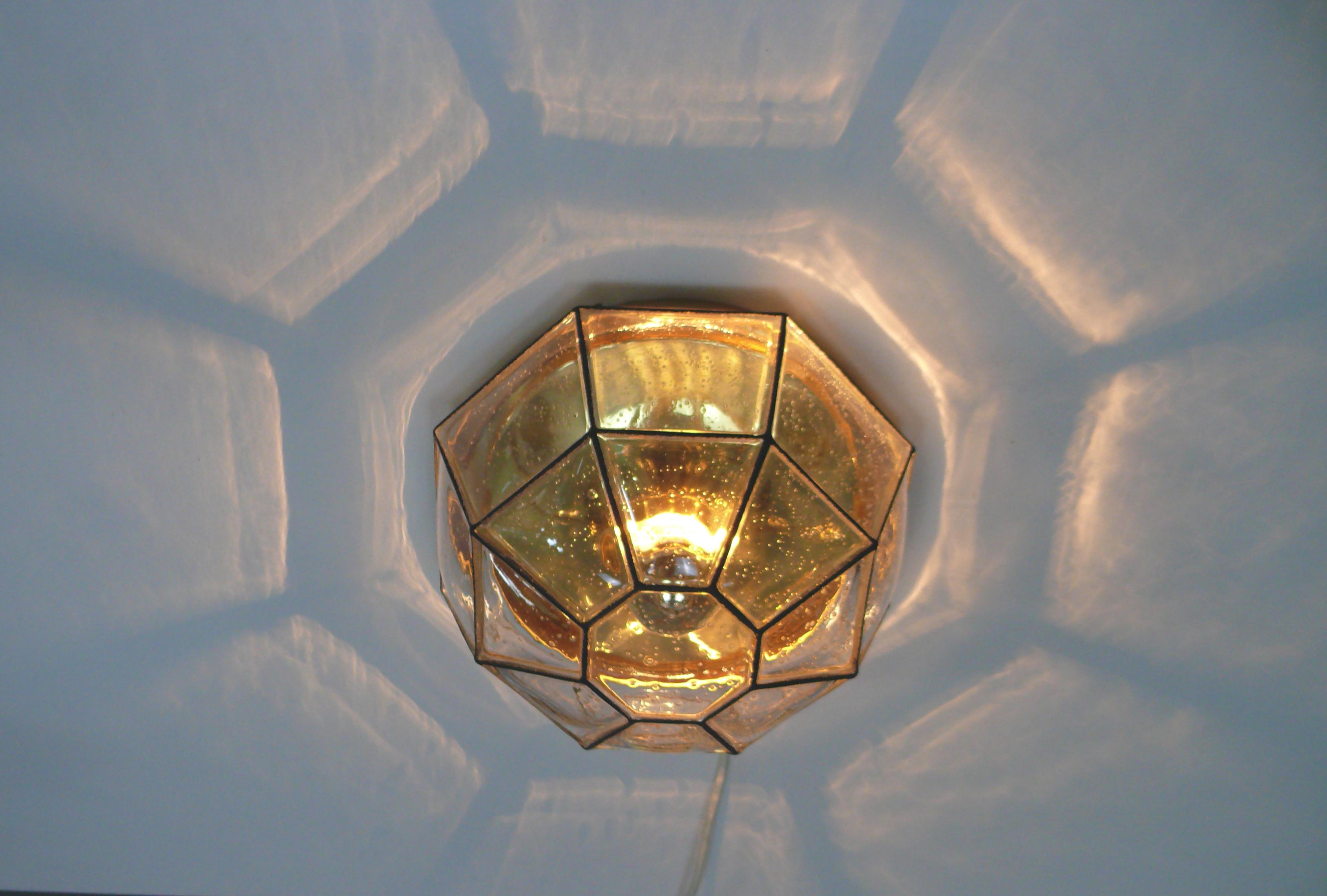 Late 20th Century Flush Mount, Glass-Brass, Made by Glashütte Limburg, 1970s For Sale